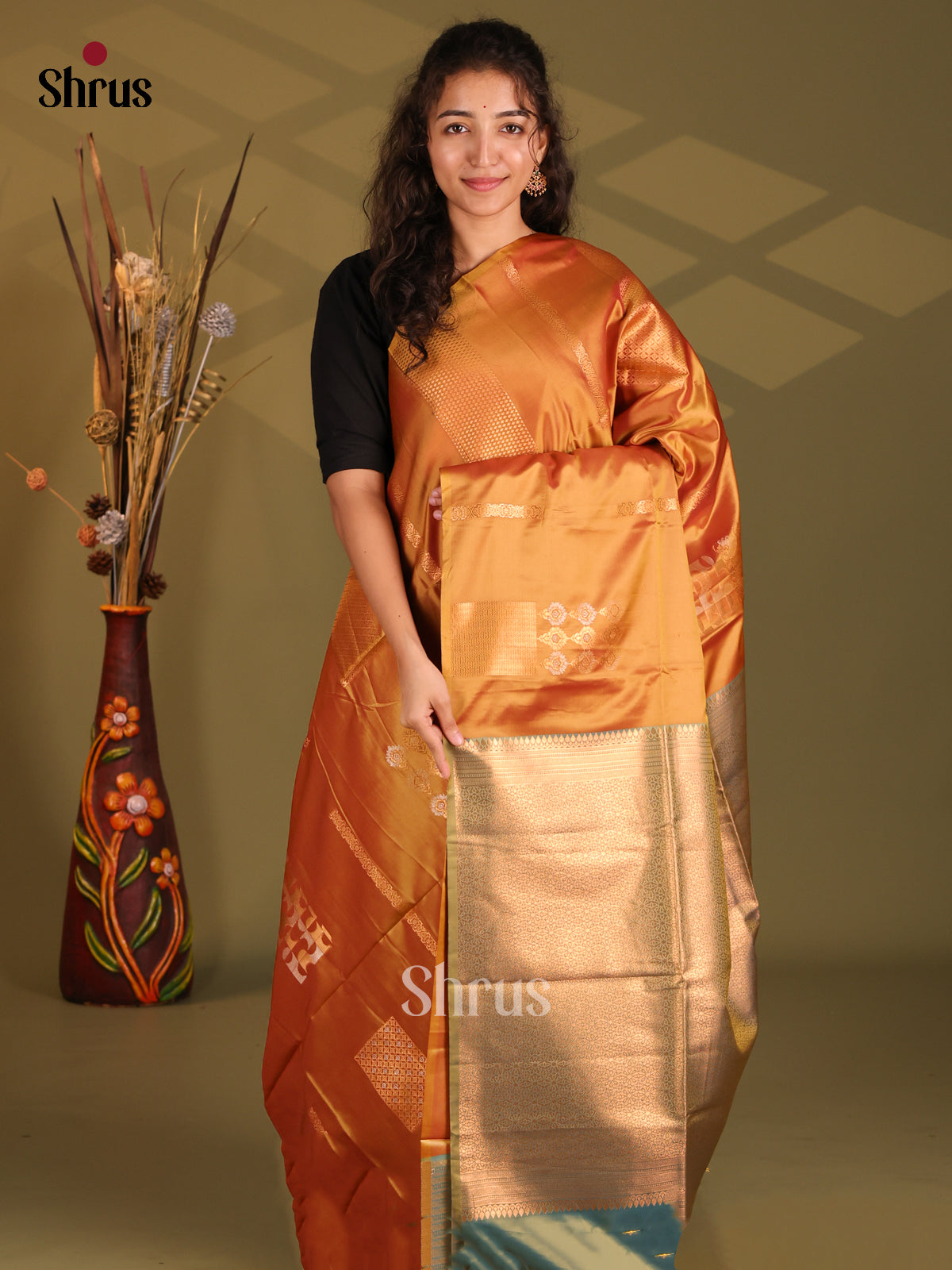 Rust & Green - Semi Softsilk Saree - Shop on Shrus.com