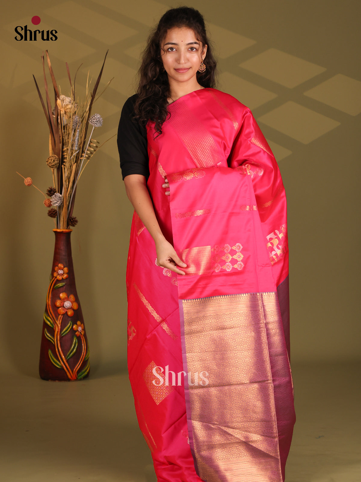 Pink  & Blue - Semi Softsilk Saree - Shop on Shrus.com