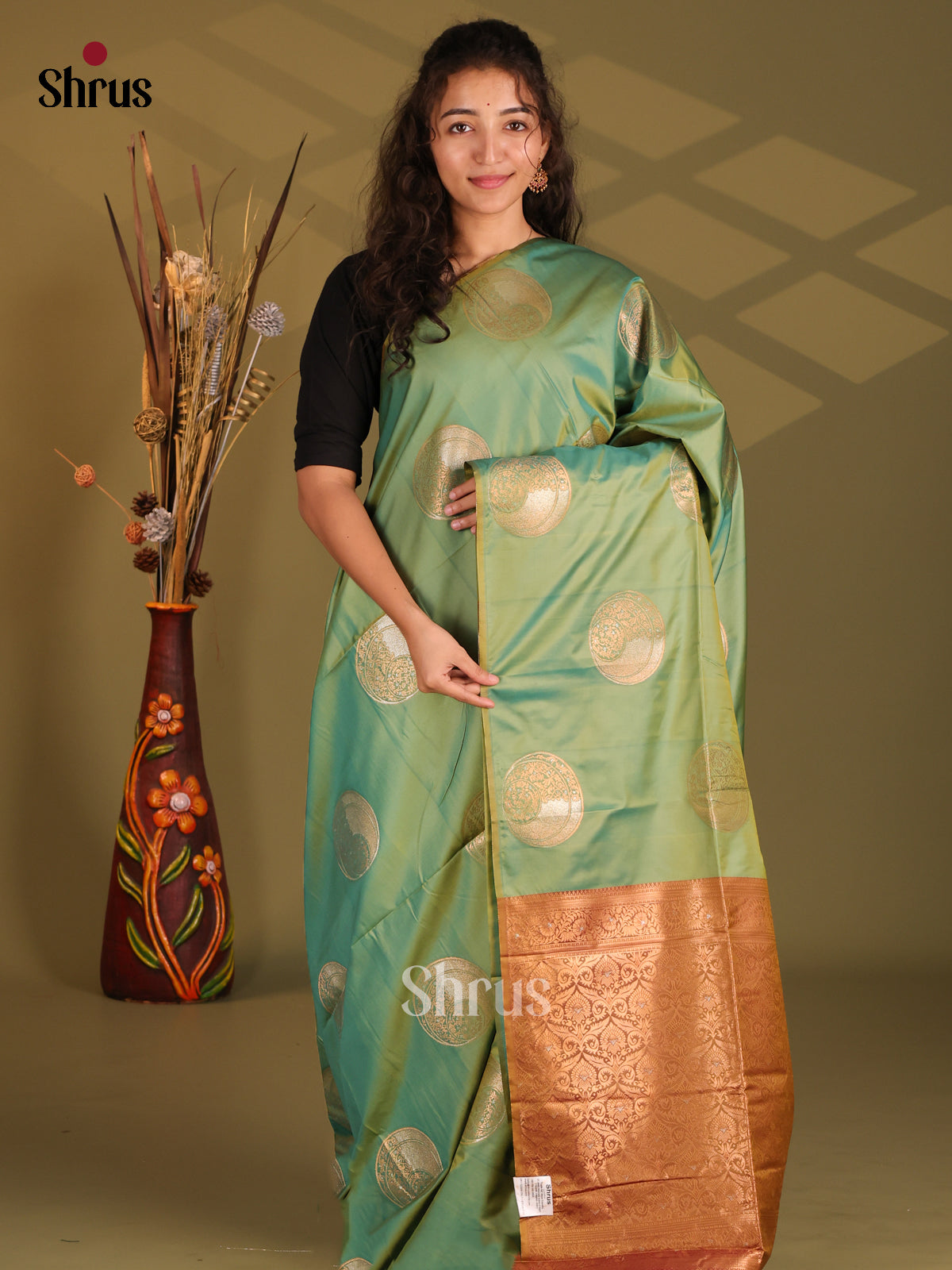 Double Shaded Green & Brick - Semi Softsilk Saree - Shop on Shrus.com