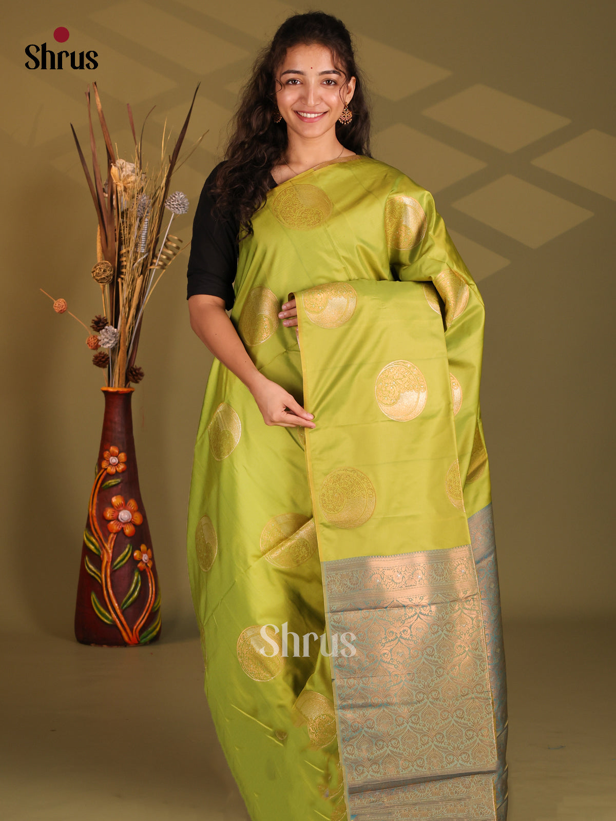 Light Green & green - Semi Softsilk Saree - Shop on Shrus.com