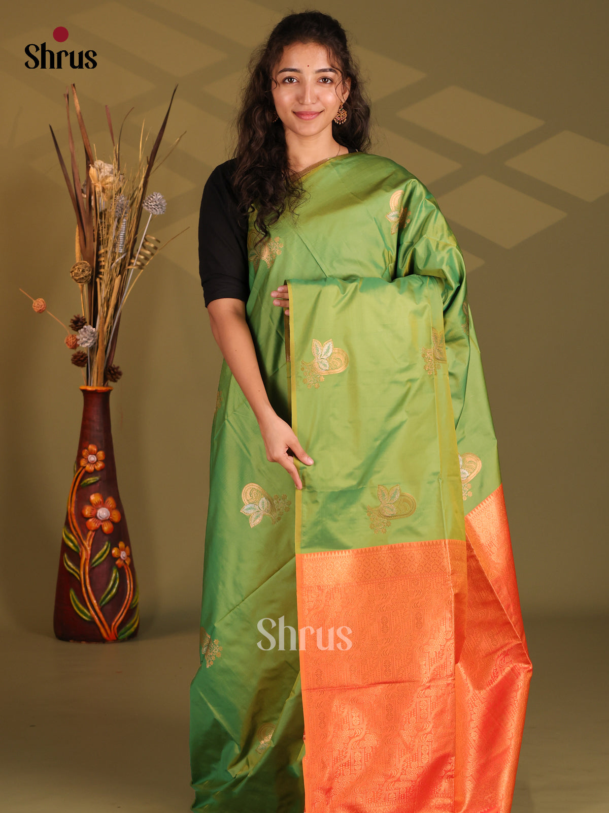 Green & Orange - Semi Softsilk Saree - Shop on Shrus.com