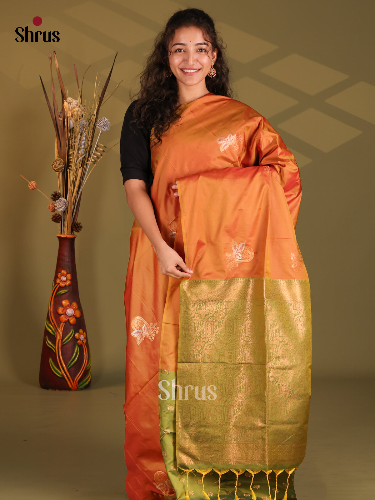 Brick Orange & Green- Semi Softsilk Saree