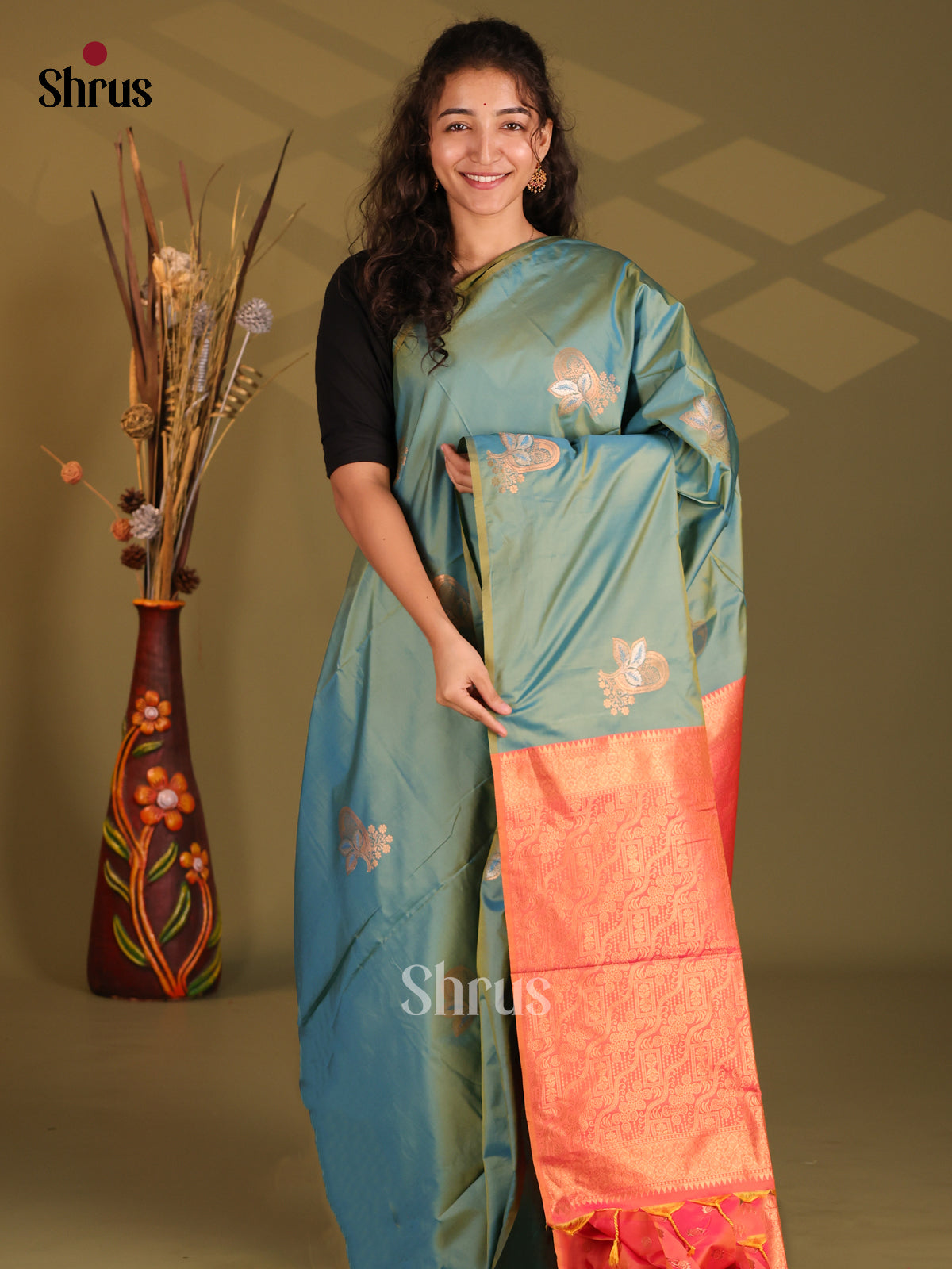 Double Shaded Green & Orangish Pink - Semi Softsilk Saree - Shop on Shrus.com
