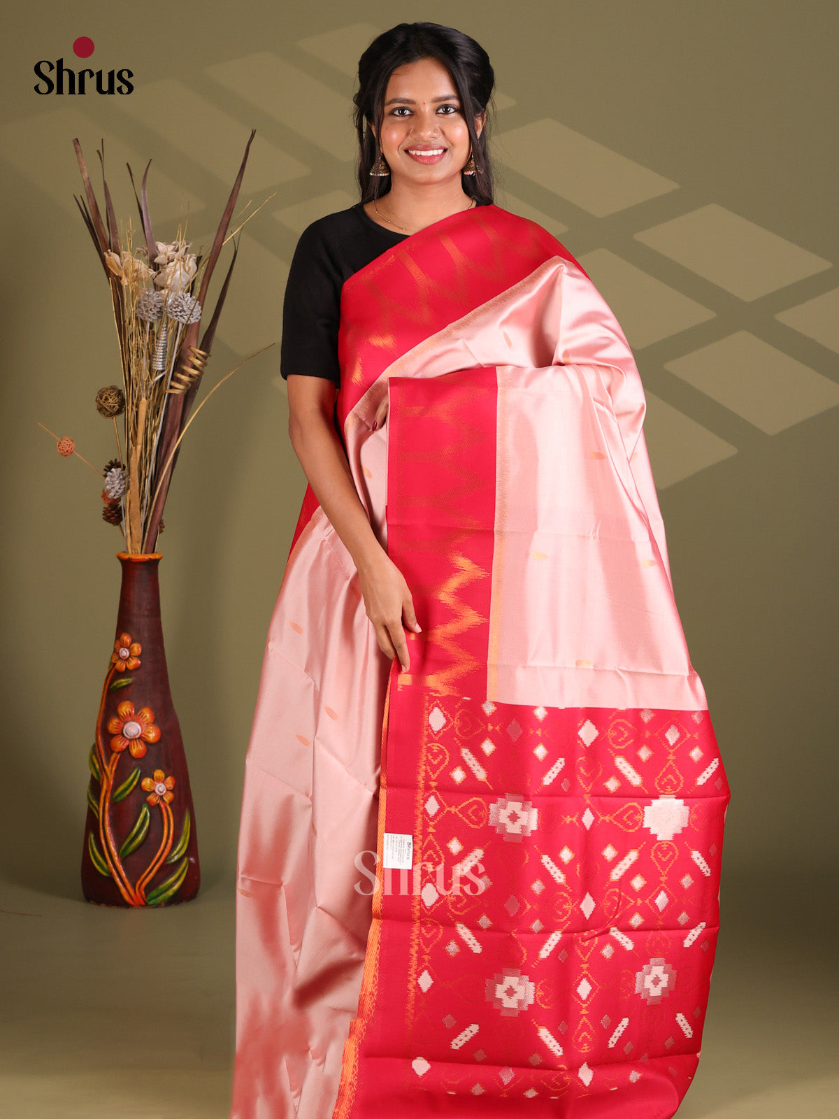 Pink & Red - Semi Softsilk Saree - Shop on Shrus.com