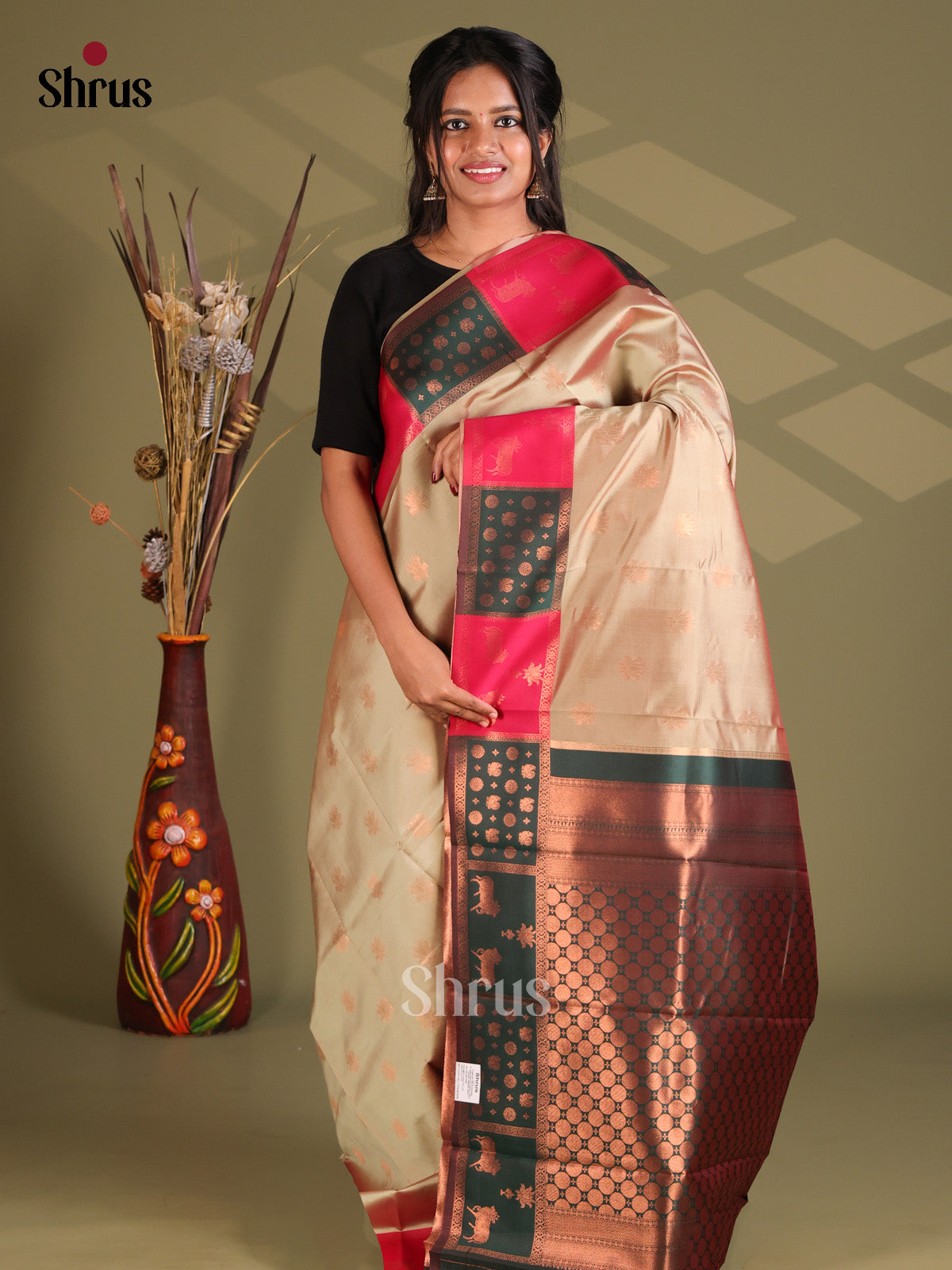 Grey & Green - Semi Softsilk Saree - Shop on Shrus.com