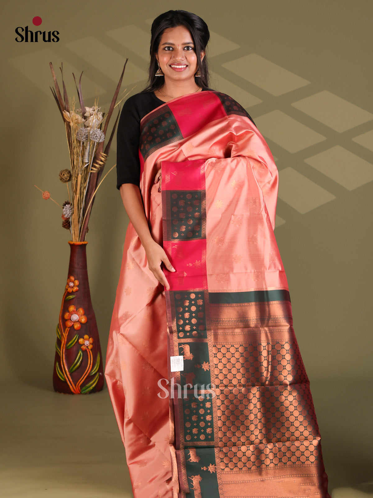 Dusty Pink & Green - Semi Softsilk Saree - Shop on Shrus.com