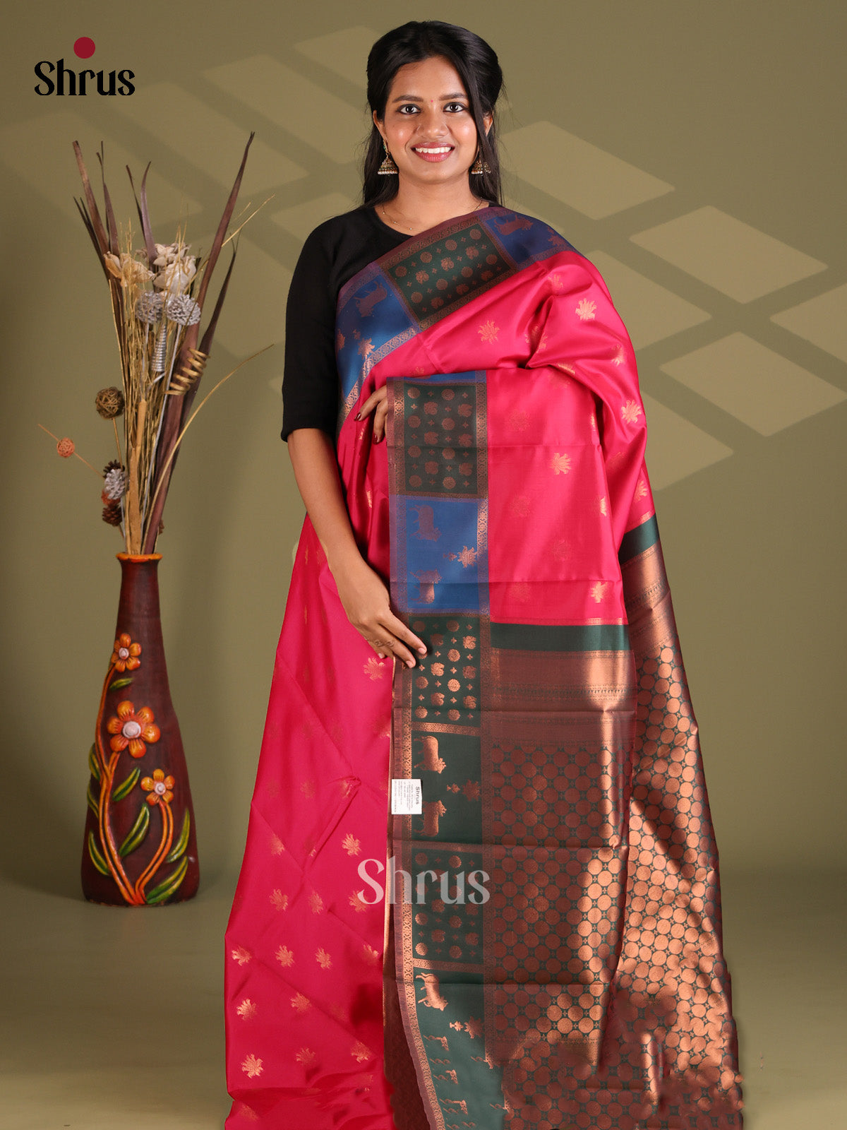 Pink  & Green - Semi Softsilk Saree - Shop on Shrus.com