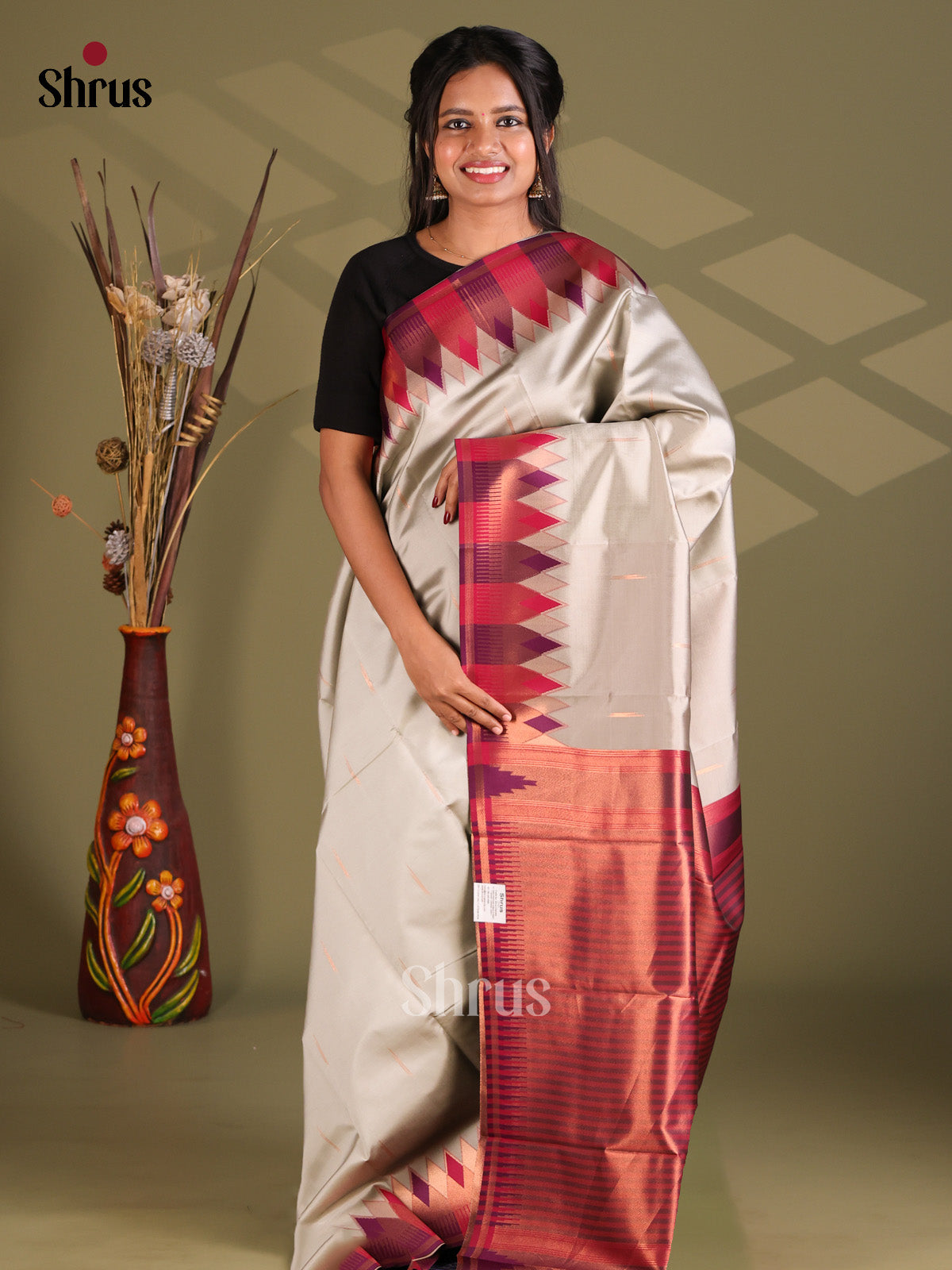 Grey & Maroon - Semi Softsilk Saree - Shop on Shrus.com