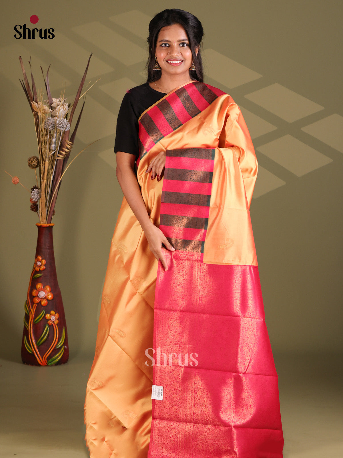 Peach & Pink - Semi Softsilk Saree - Shop on Shrus.com