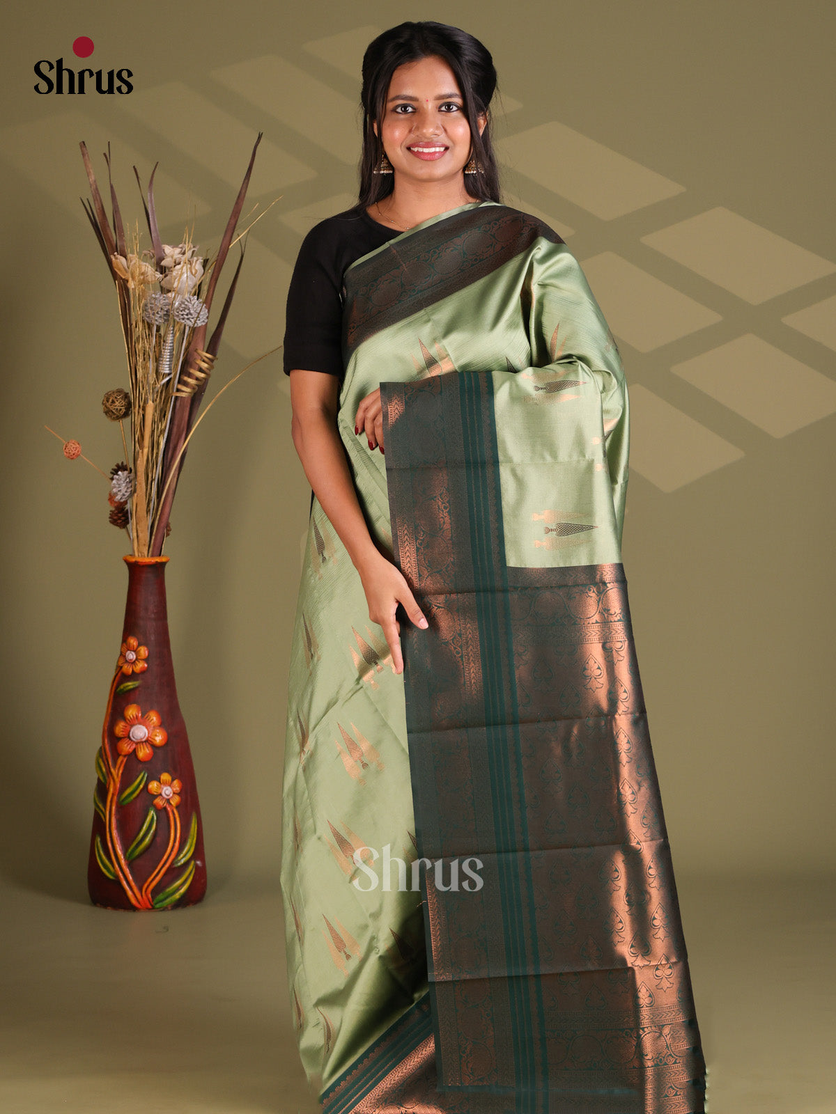 Pastel Green & Green - Semi Softsilk Saree - Shop on Shrus.com