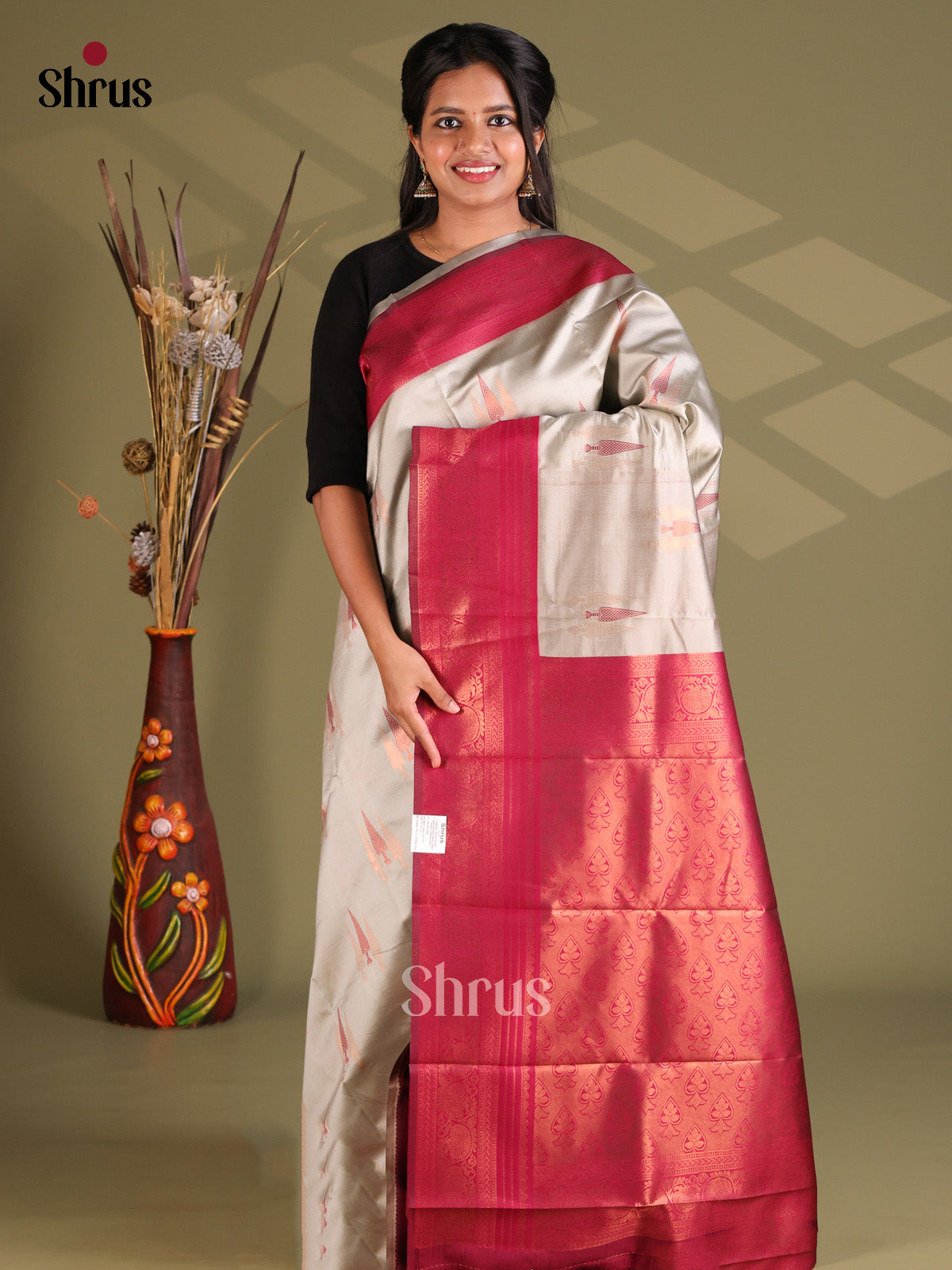 Grey & Maroon- Semi Softsilk Saree - Shop on Shrus.com