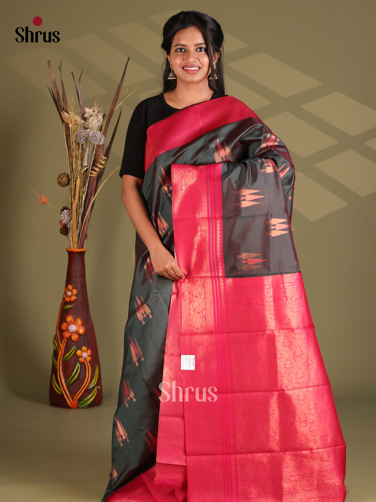 Dark Green & Pink - Semi Softsilk Saree - Shop on Shrus.com