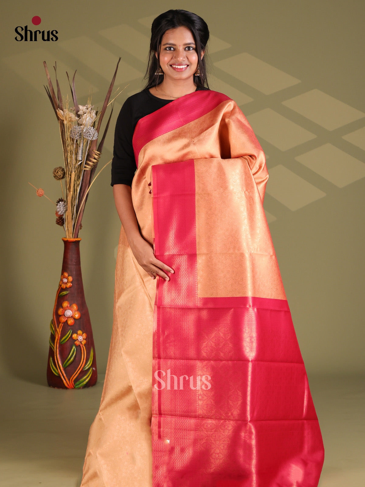 Peach & Pink - Semi Softsilk Saree - Shop on Shrus.com