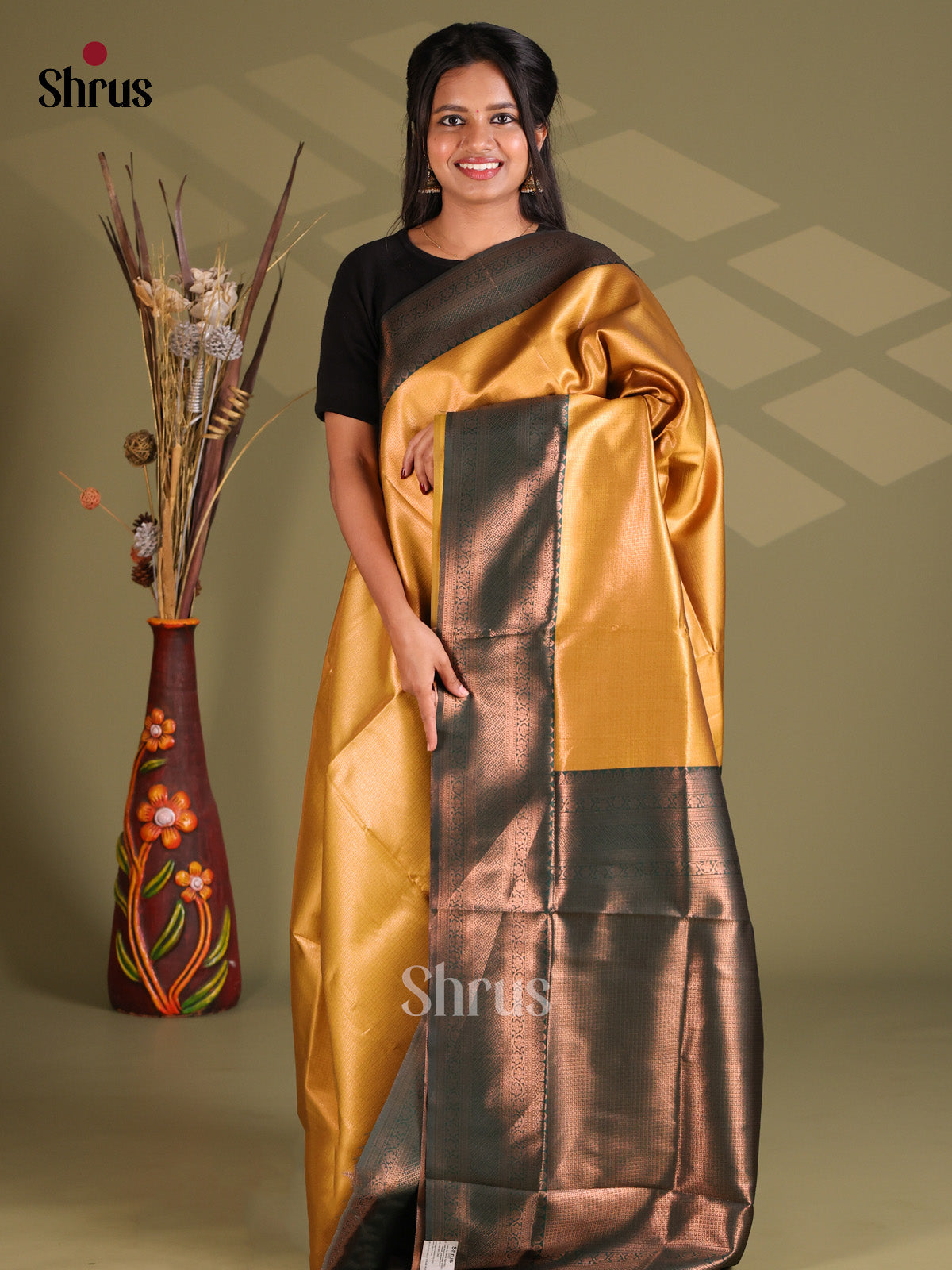 Gold & Green - Semi Softsilk Saree - Shop on Shrus.com