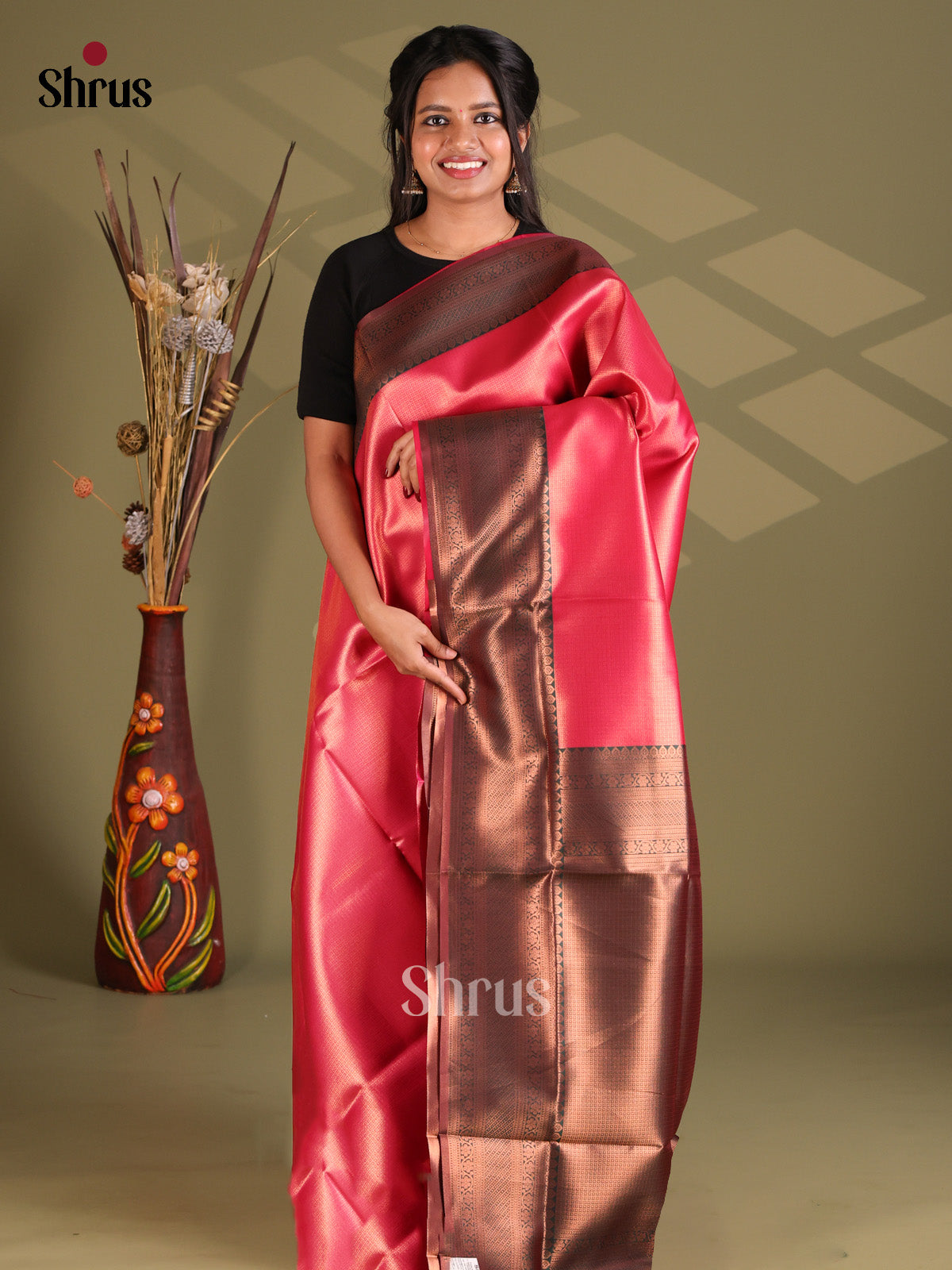 Pink & Green - Semi Softsilk Saree - Shop on Shrus.com