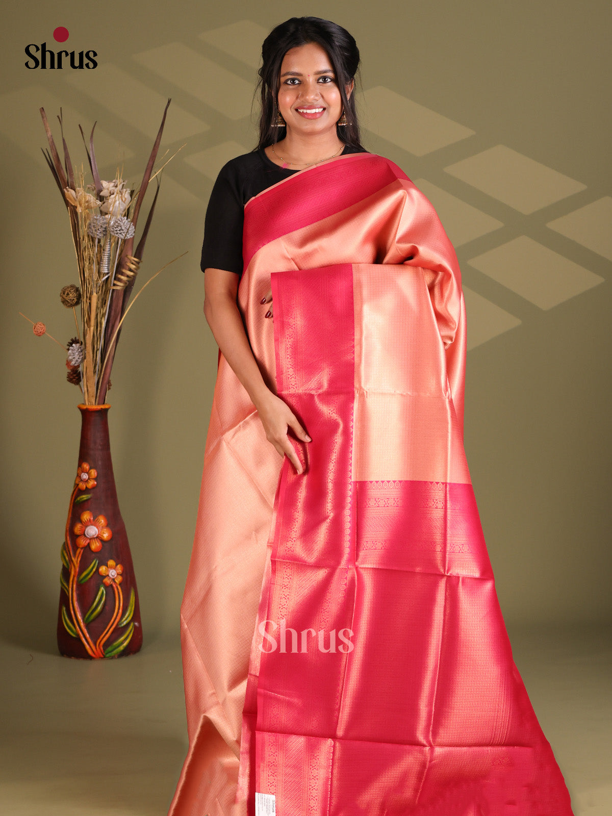 Peach & Pink - Semi Softsilk Saree - Shop on Shrus.com