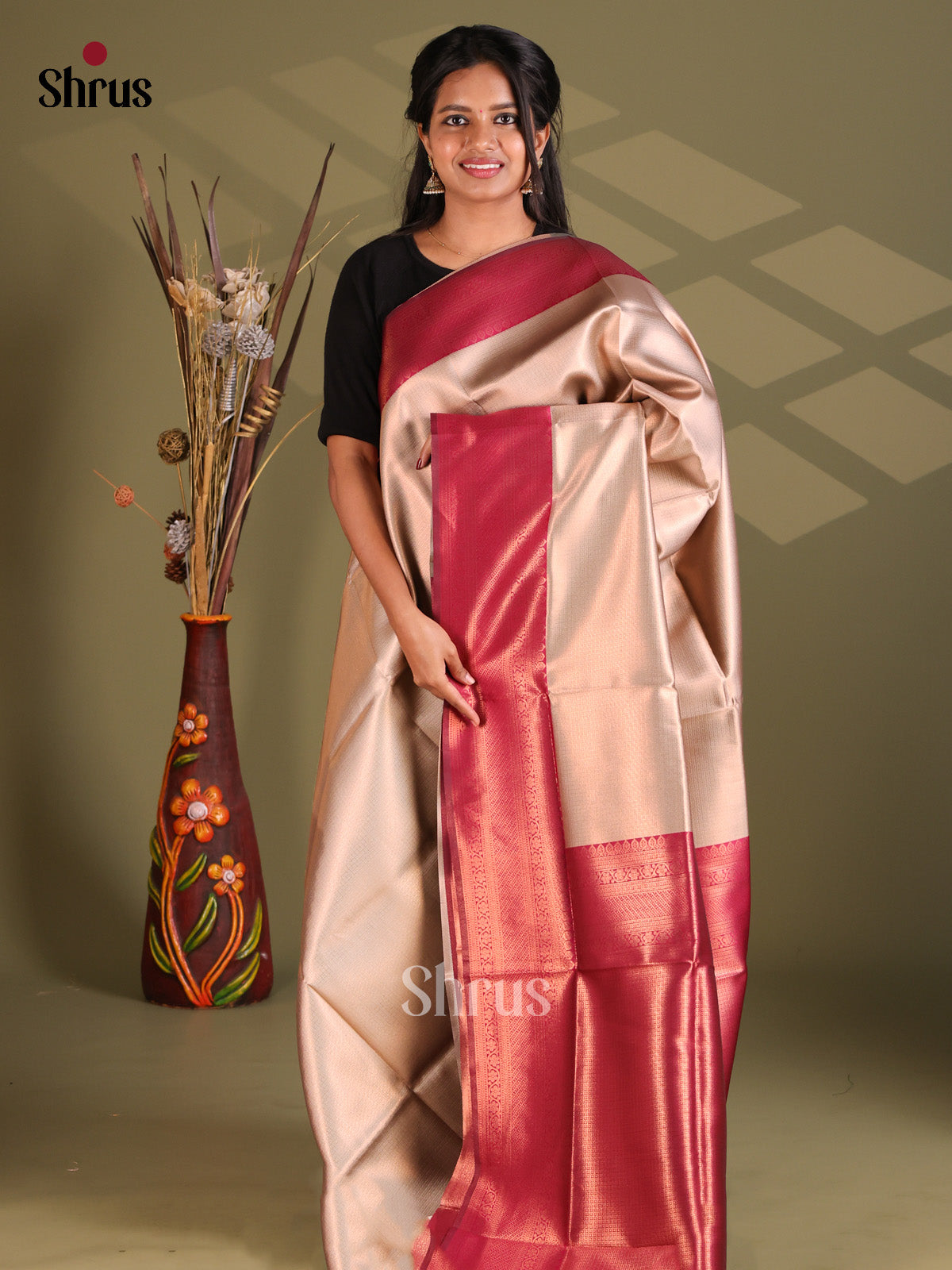 Grey & Maroon - Semi Softsilk Saree - Shop on Shrus.com