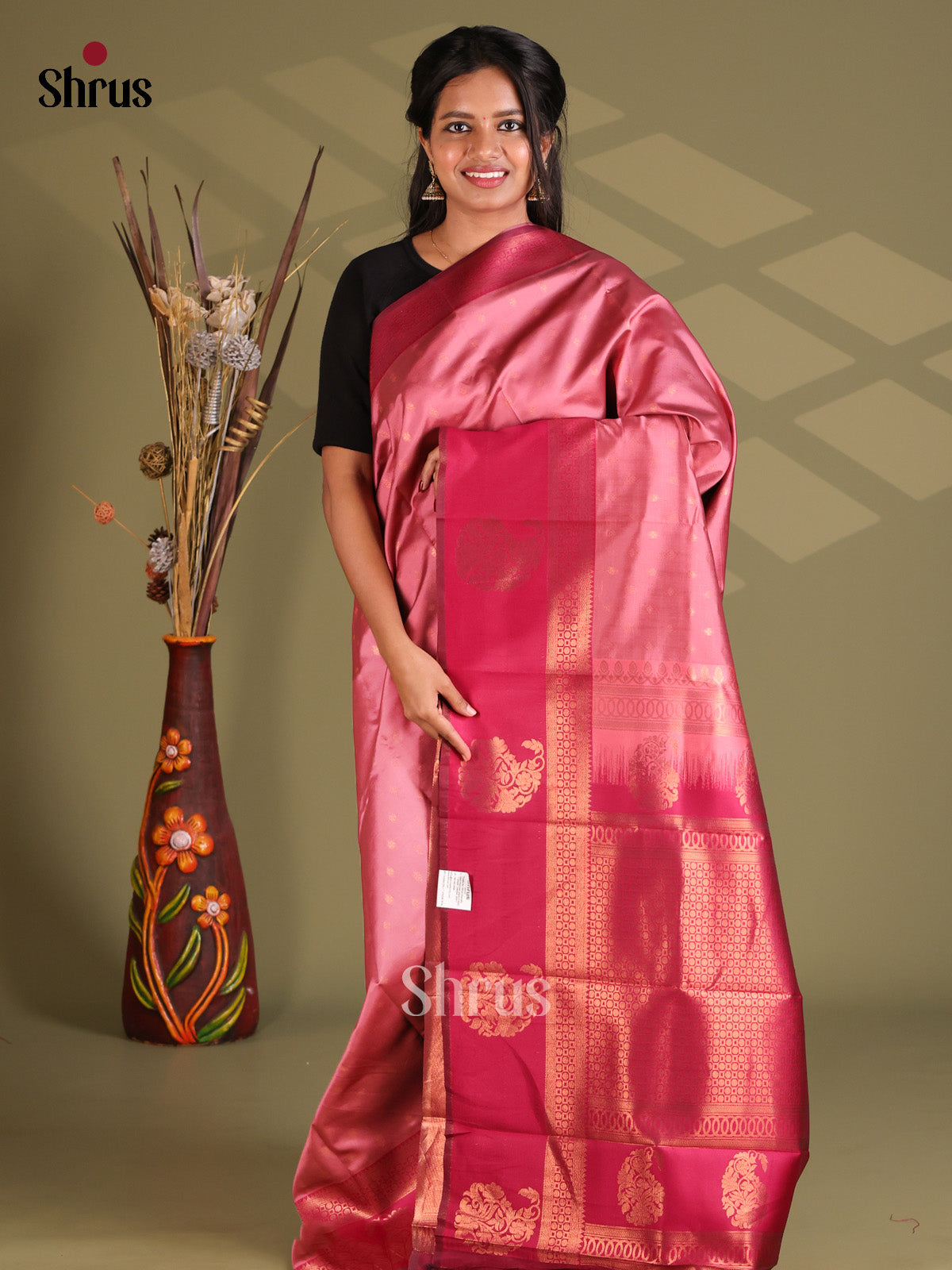 Pink & Maroon - Semi Softsilk Saree - Shop on Shrus.com