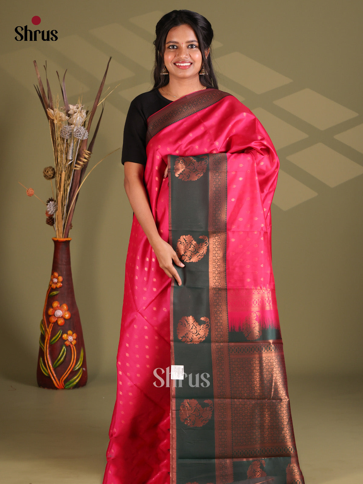 Pink & Green - Semi Softsilk Saree - Shop on Shrus.com