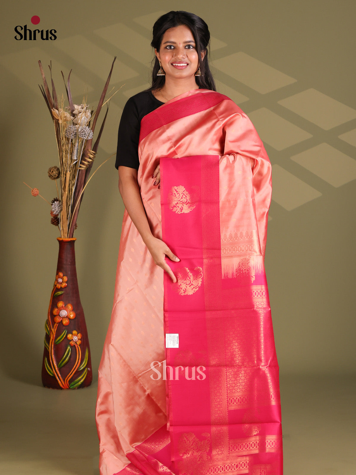 Peach & Pink - Semi Softsilk Saree - Shop on Shrus.com