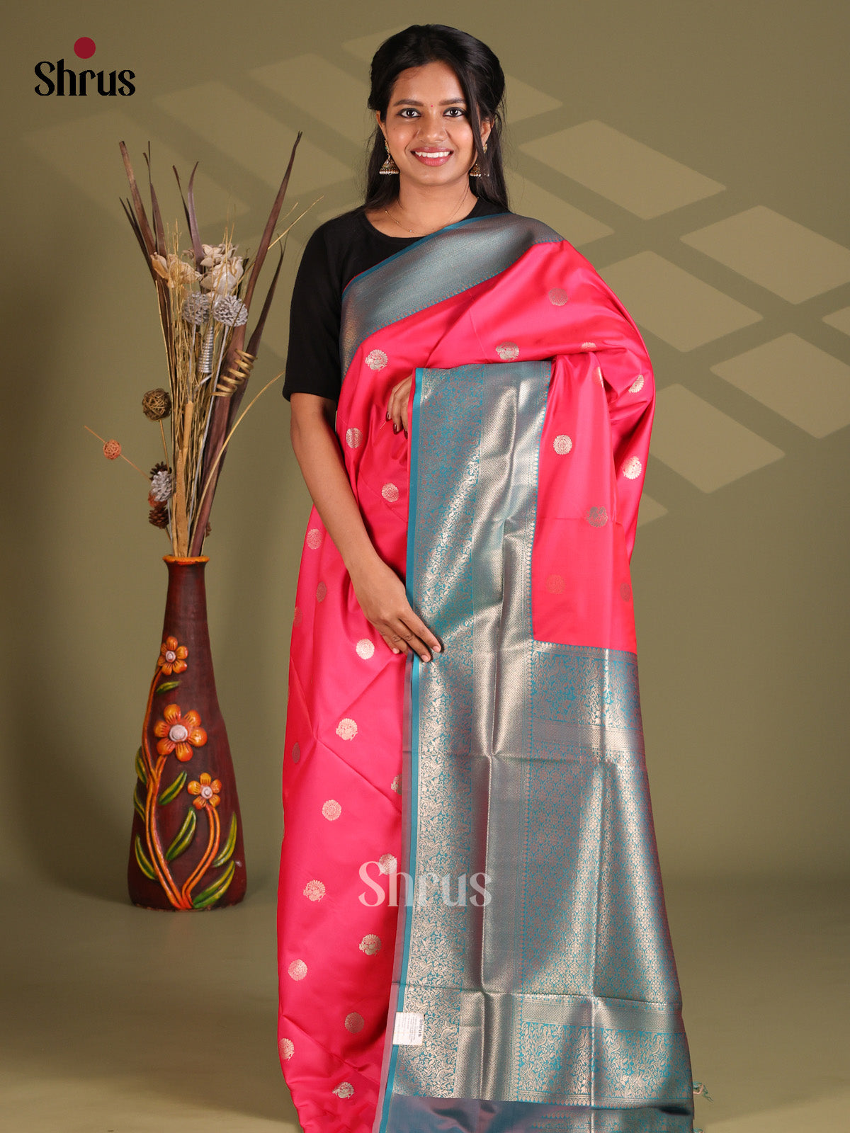 Deep Pink & Blue - Semi Softsilk Saree
