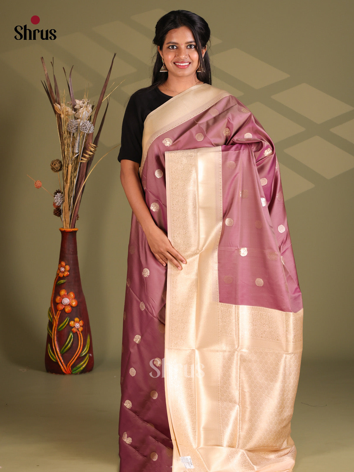 Double Shaded Purple & Cream - Semi Softsilk Saree - Shop on Shrus.com