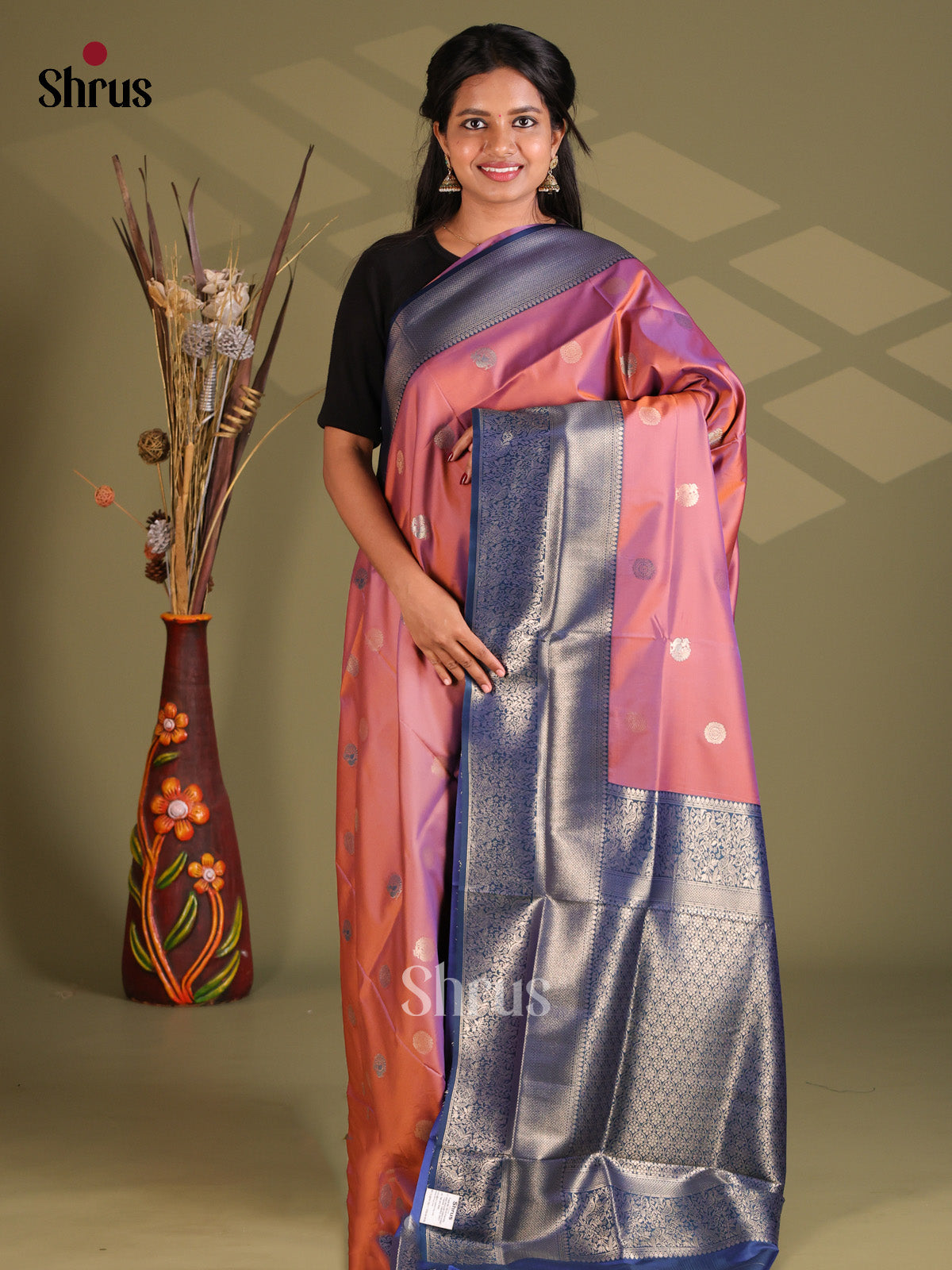 Dusty Pink & Blue - Semi Softsilk Saree - Shop on Shrus.com
