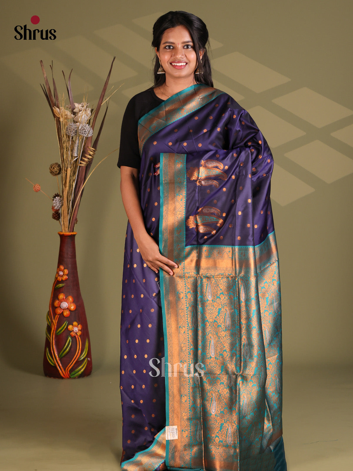 Dark Blue & Teal- Semi Softsilk Saree - Shop on Shrus.com