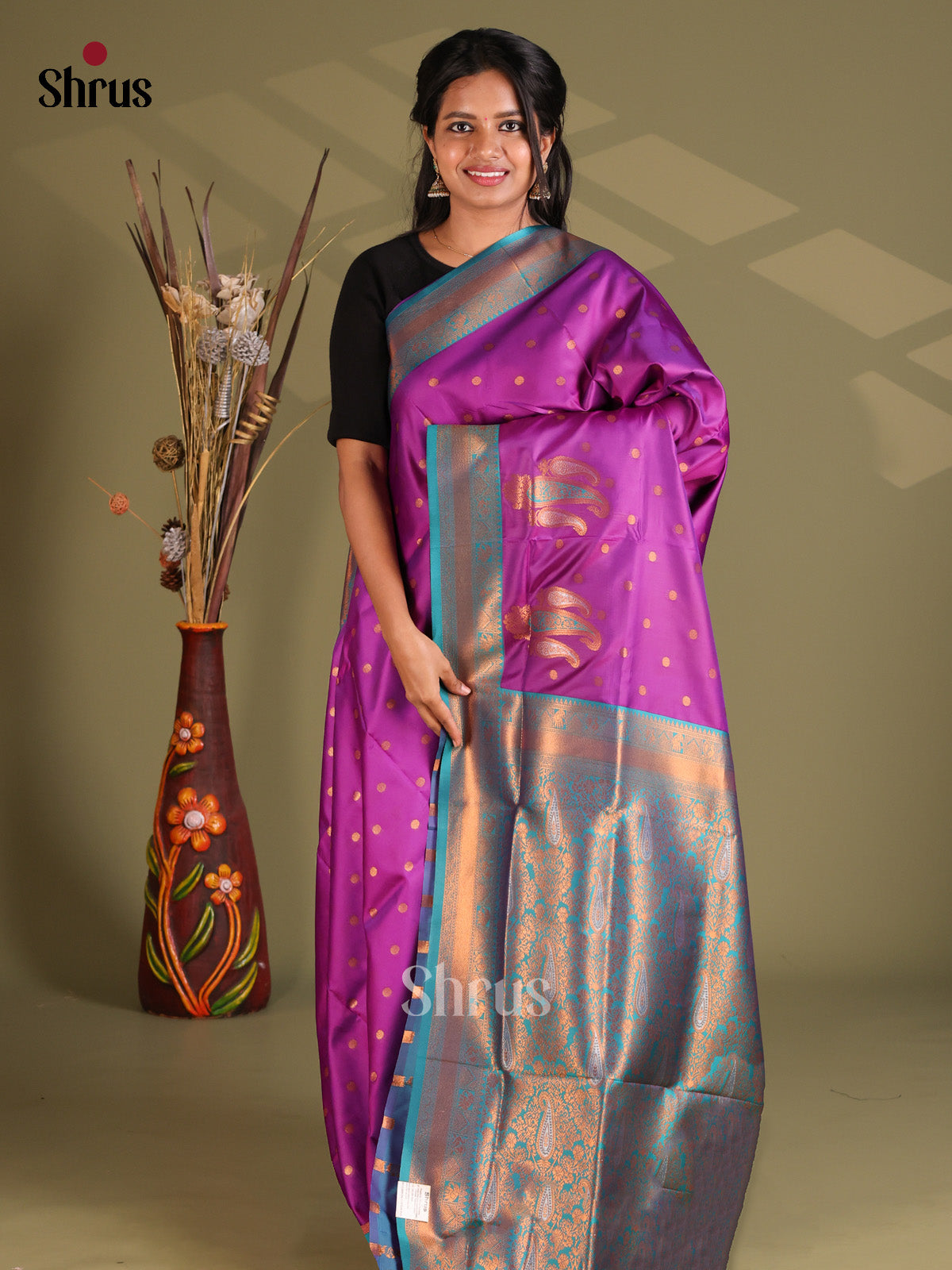 Purple & Blue- Semi Softsilk Saree - Shop on Shrus.com