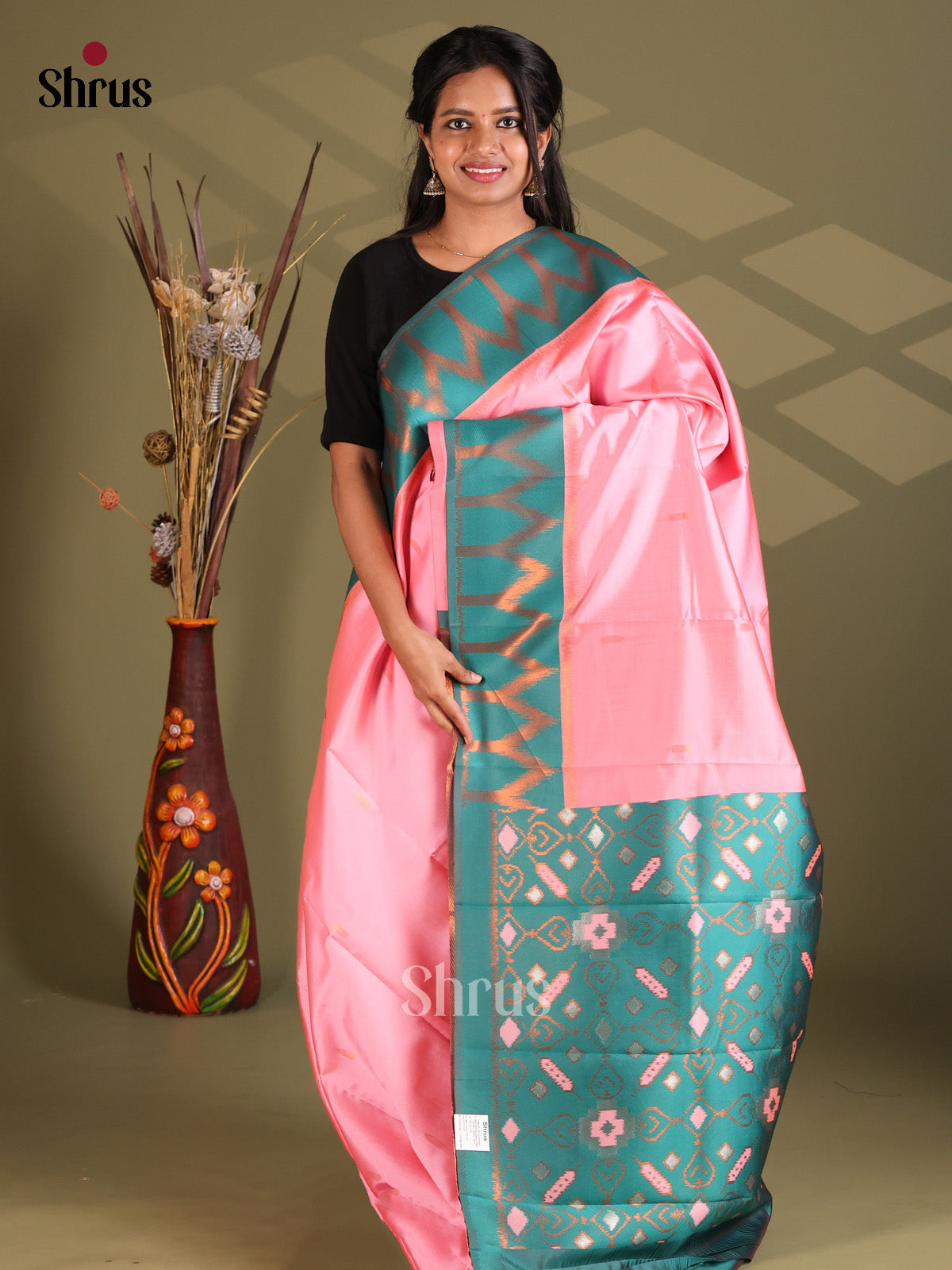 Pink & Green- Semi Softsilk Saree - Shop on Shrus.com