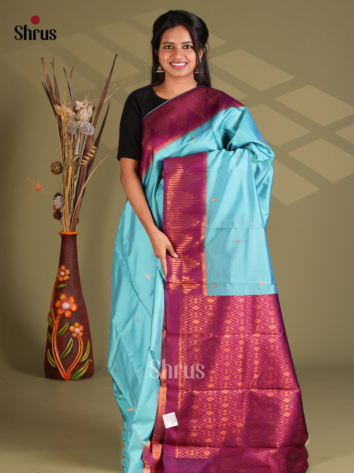 Sky Blue & Purple- Semi Softsilk Saree - Shop on Shrus.com