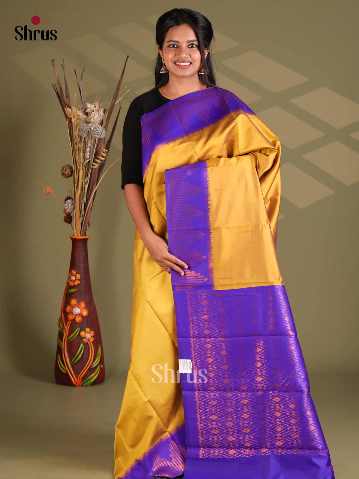 Gold & Blue - Semi Softsilk Saree - Shop on Shrus.com