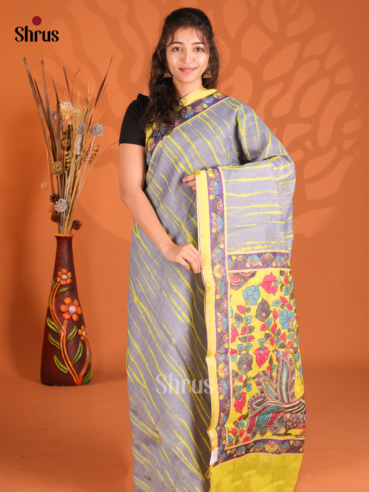 Grey & Yellow- Semi Maheshwari Print Saree