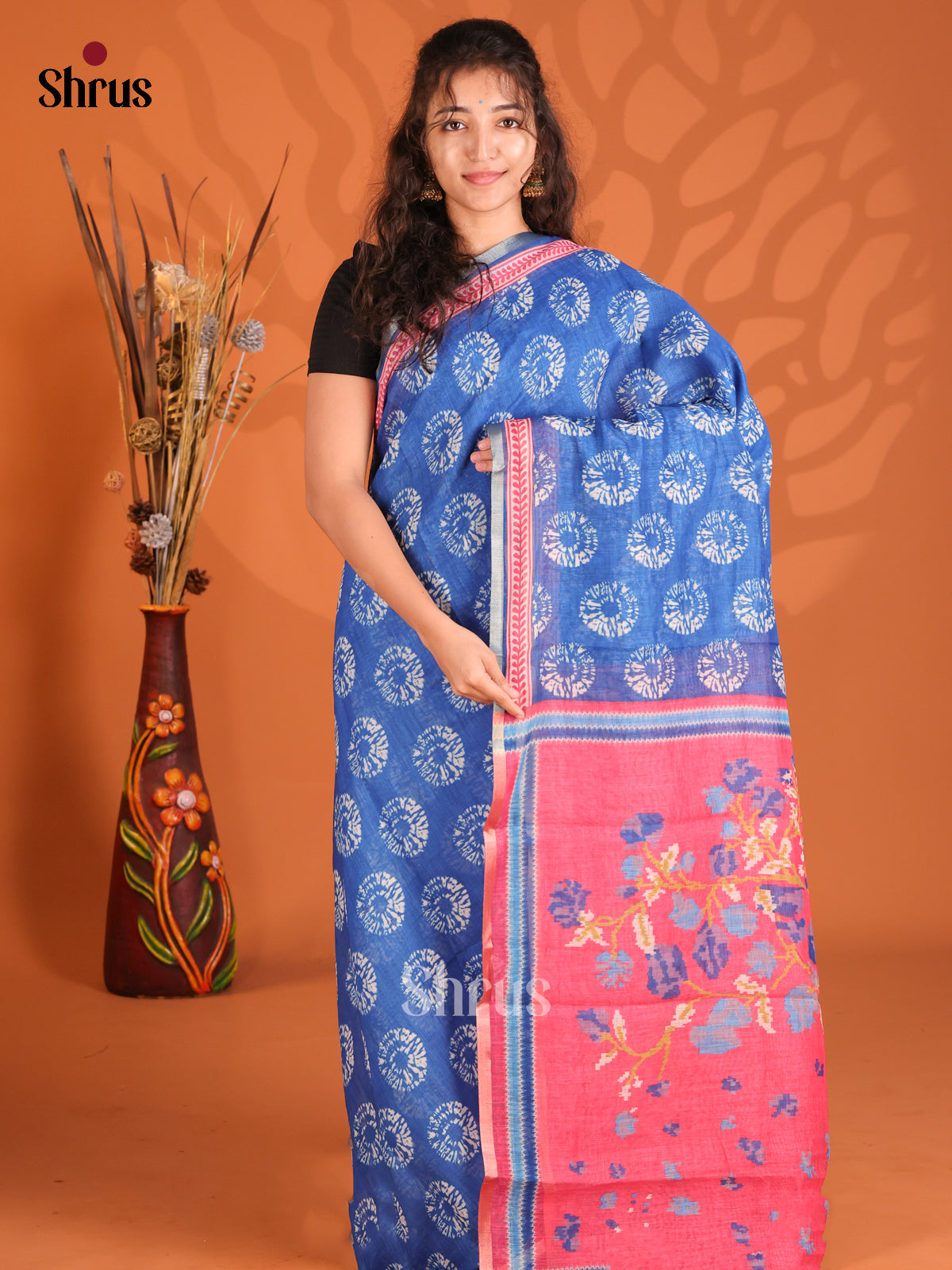 Blue & Pink - Semi Maheshwari Print Saree