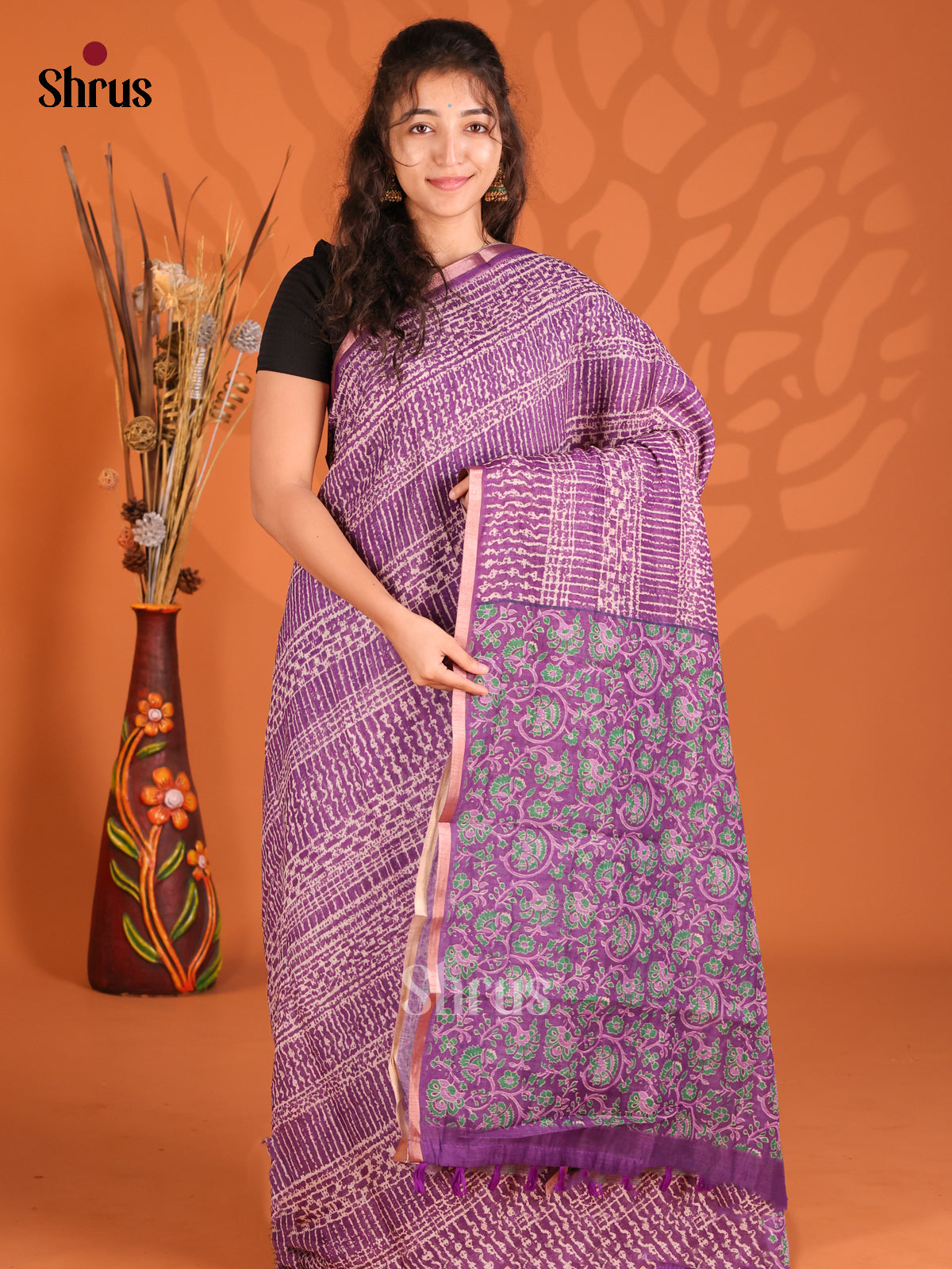 Purple - Semi Maheshwari Print Saree - Shop on Shrus.com