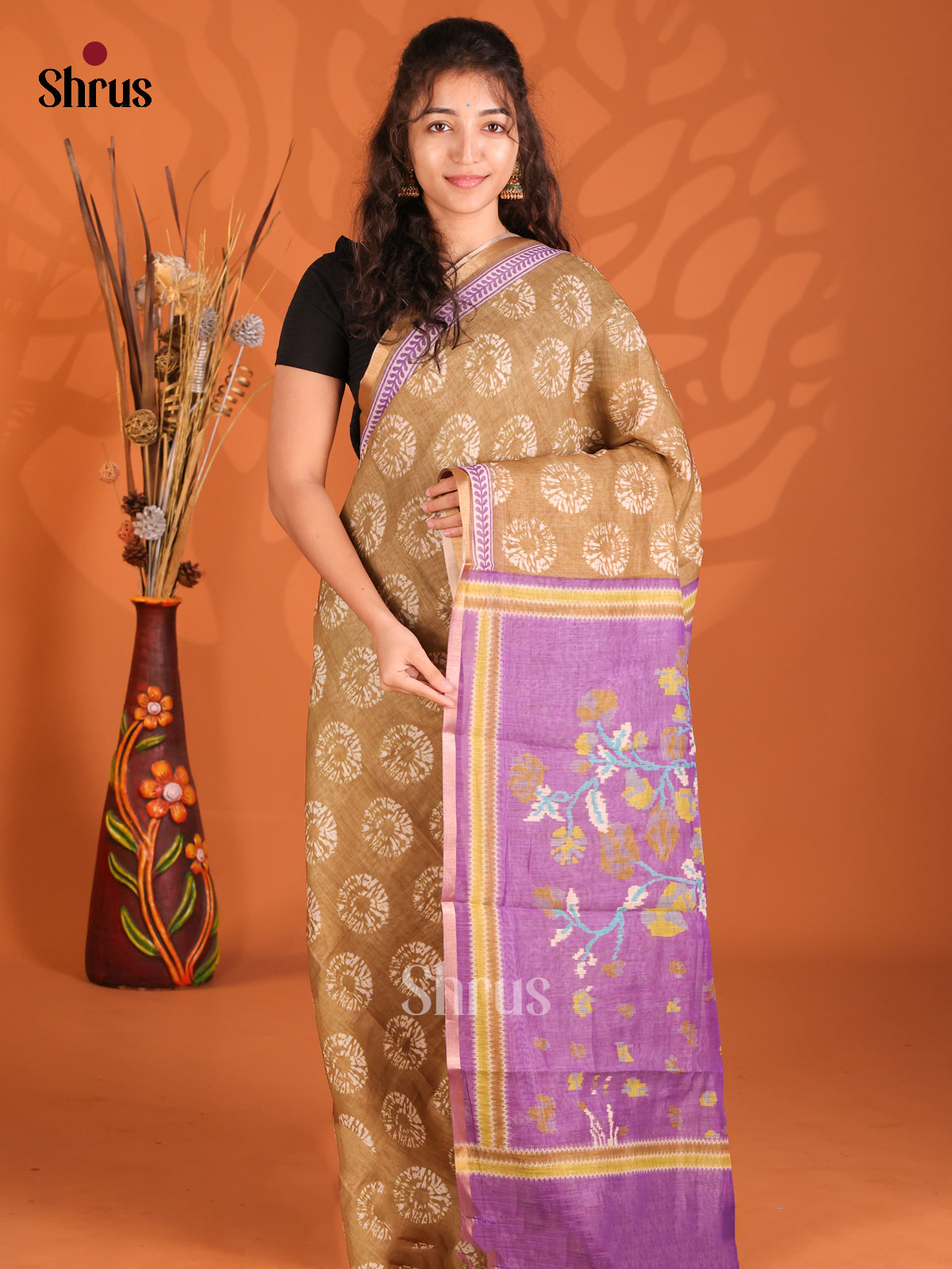 Brown & Purple - Semi Maheshwari Print Saree
