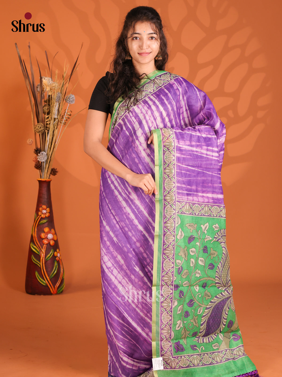 Violet & Green - Semi Maheshwari Print Saree