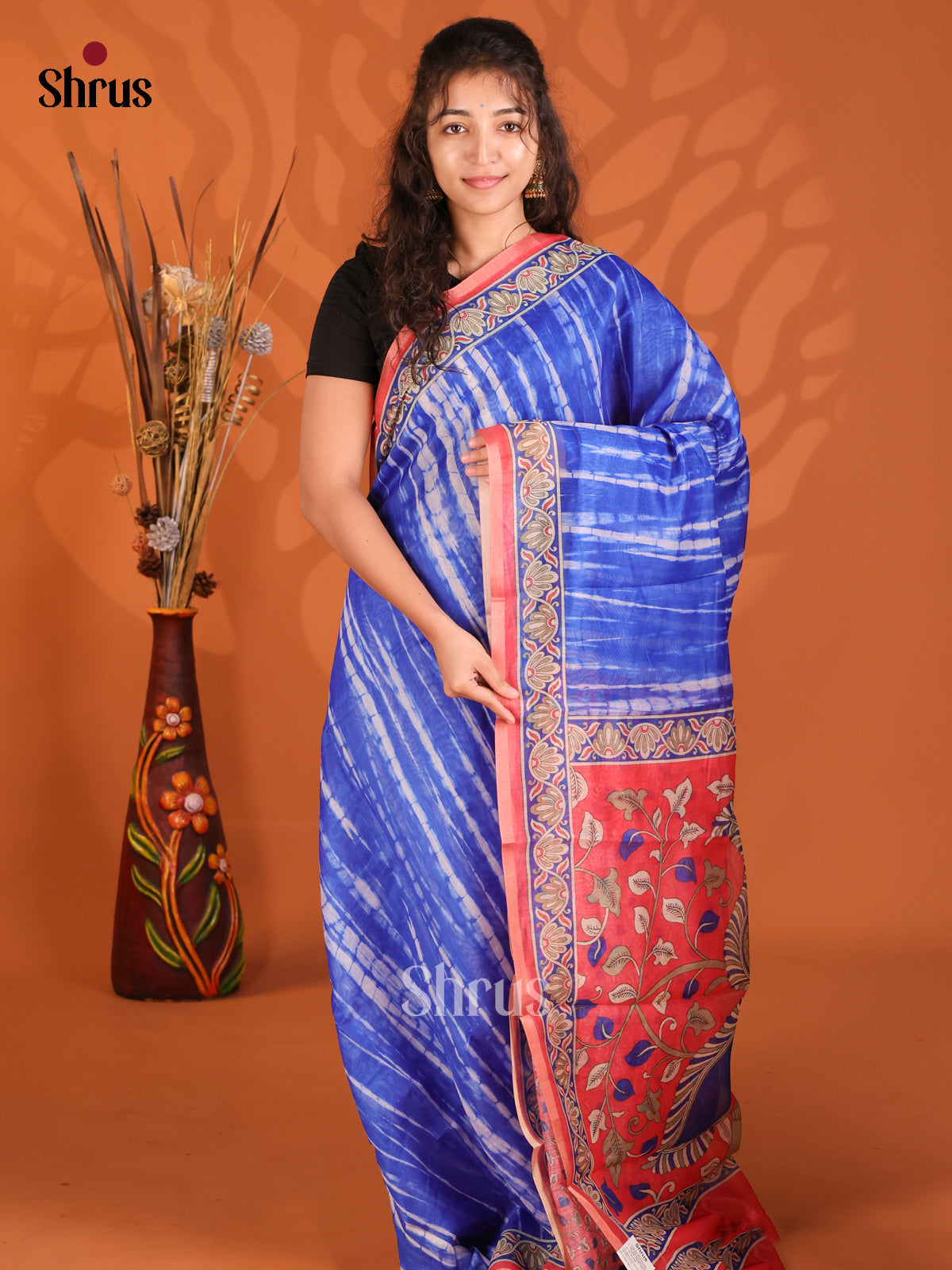Blue & Pink- Semi Maheshwari Print Saree