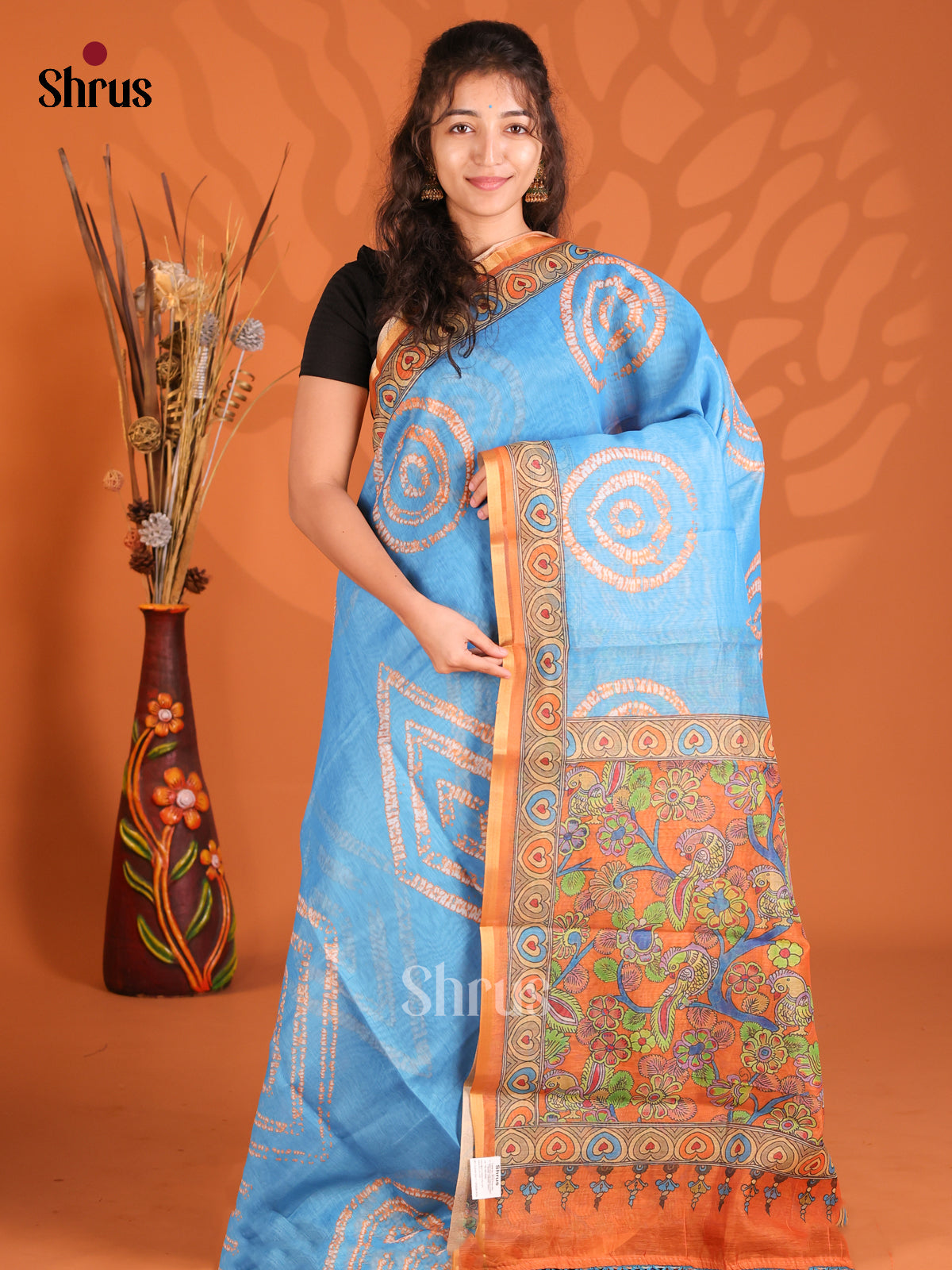 Blue & Orange - Semi Maheshwari Print Saree
