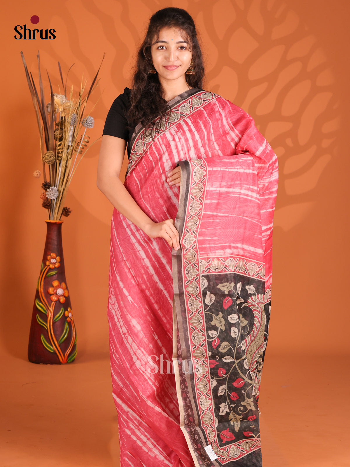 Pink & Black - Semi Maheshwari Print Saree
