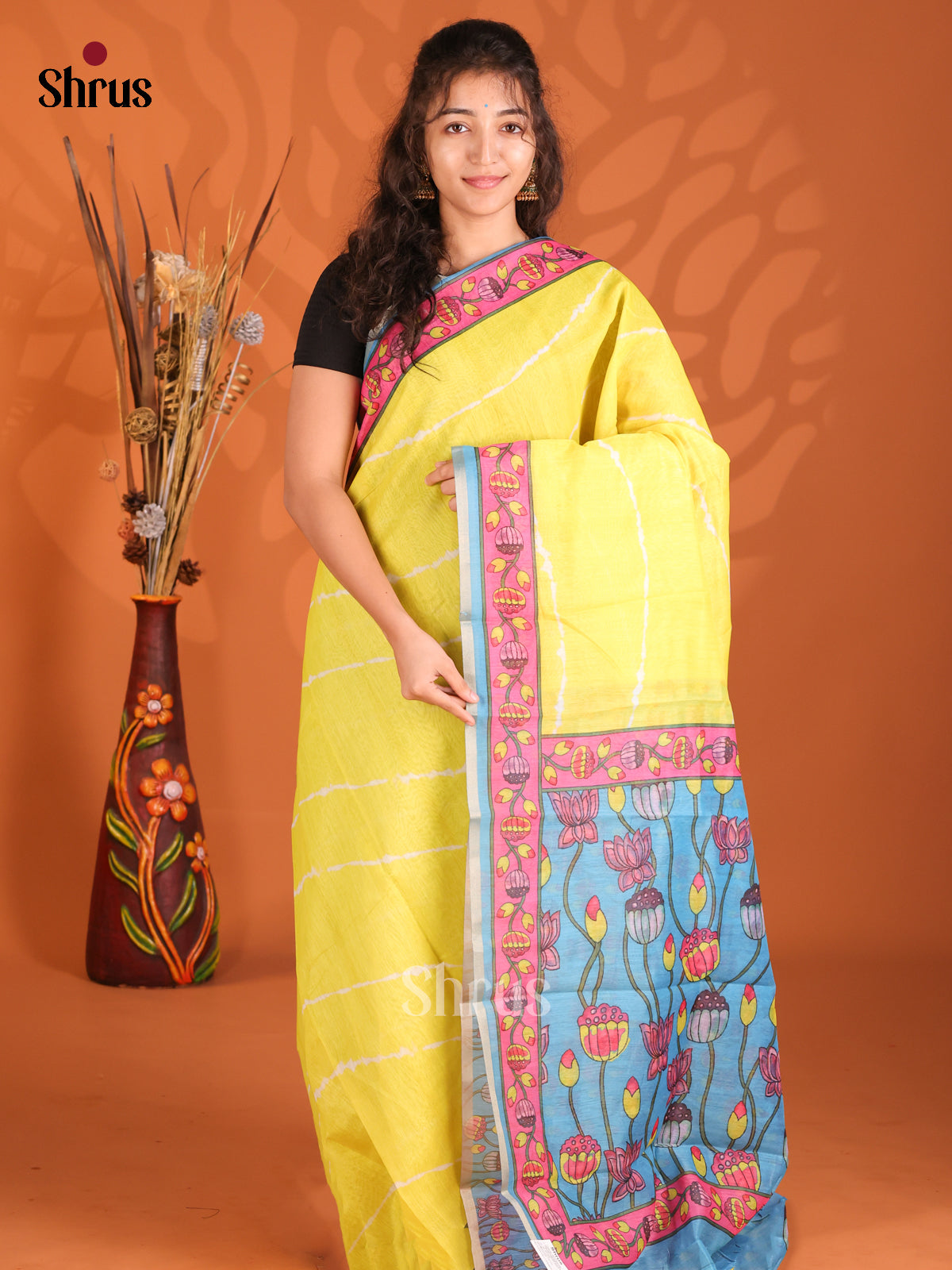 Yellow & Blue - Semi Maheshwari Print Saree