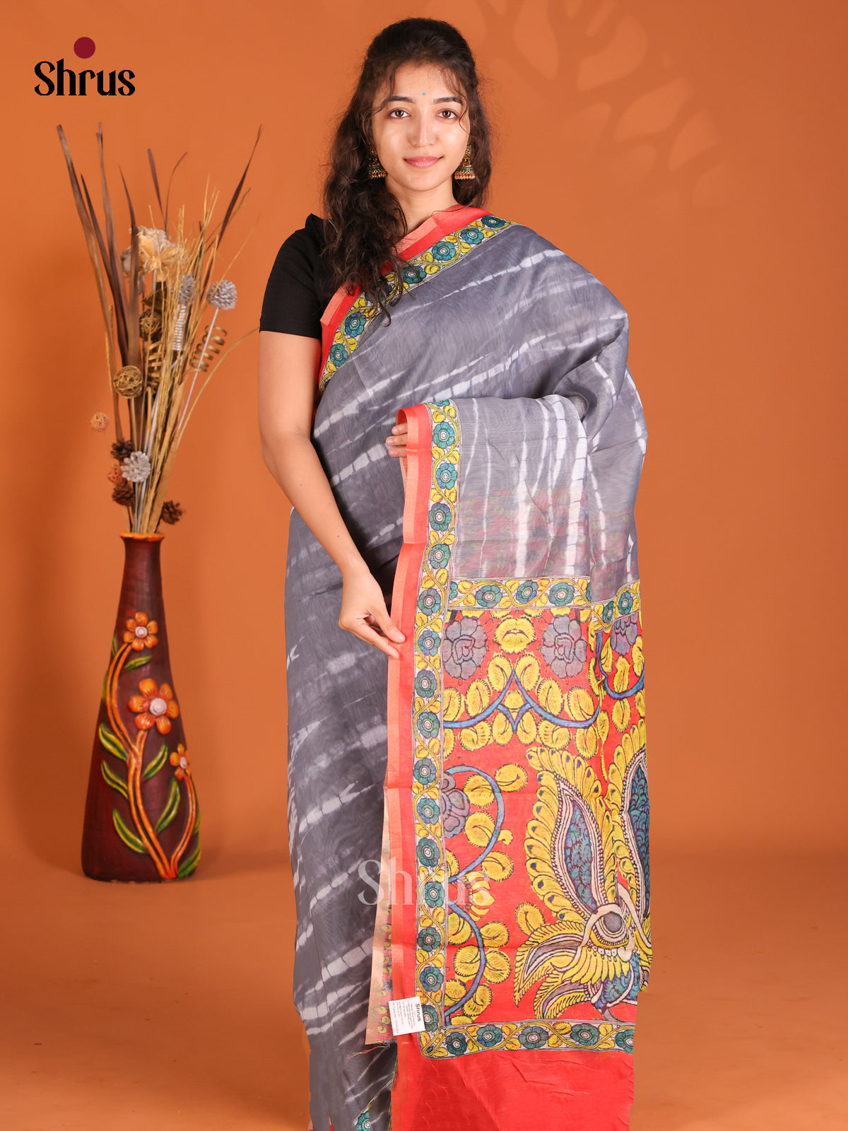 Grey & Red - Semi Maheshwari Print Saree