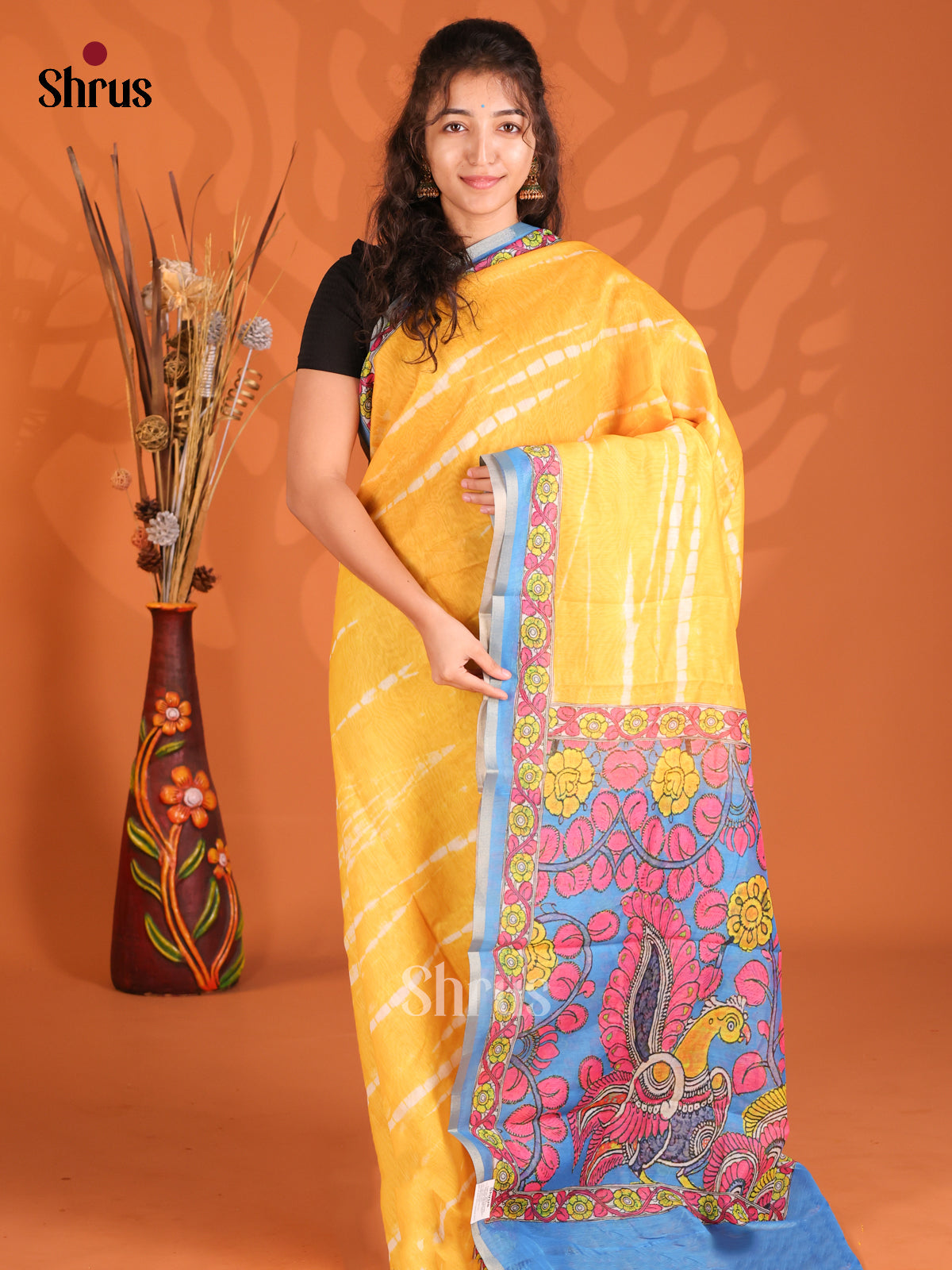 Yellow & Blue- Semi Maheshwari Print Saree
