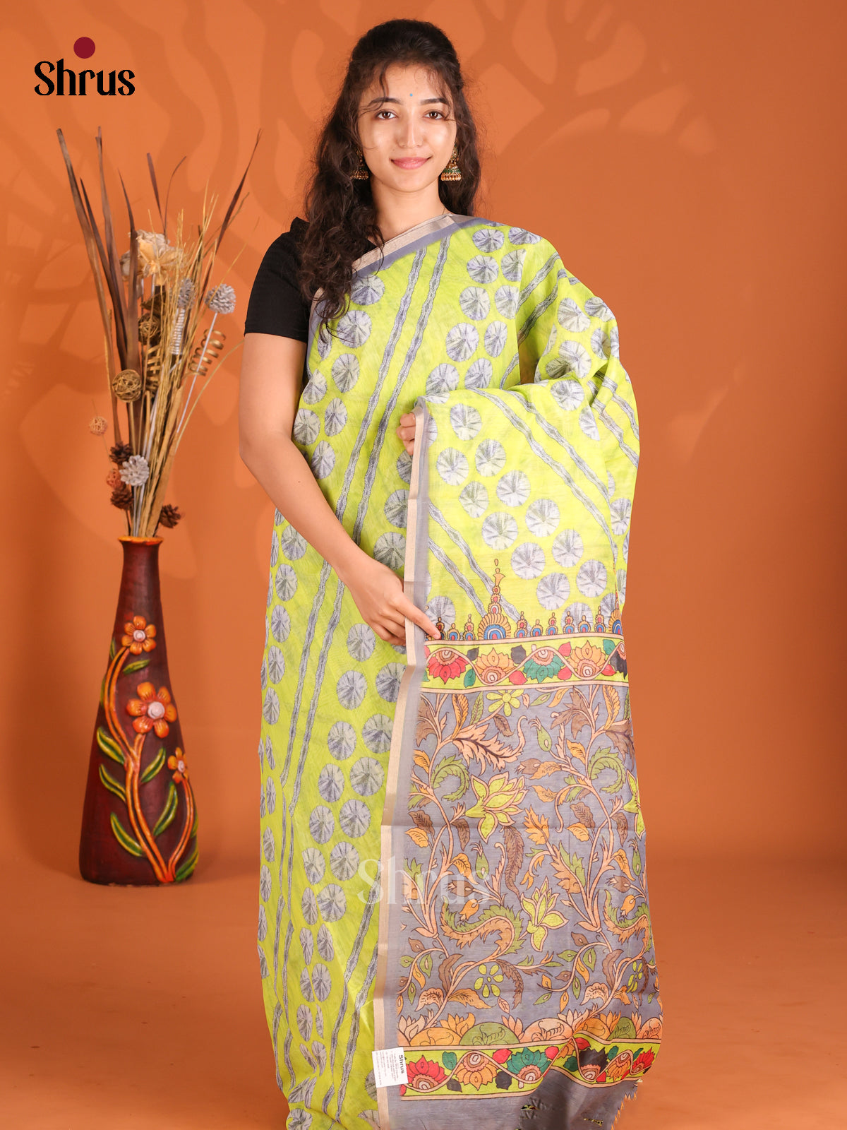 Lime Green & Grey - Semi Maheshwari Print Saree