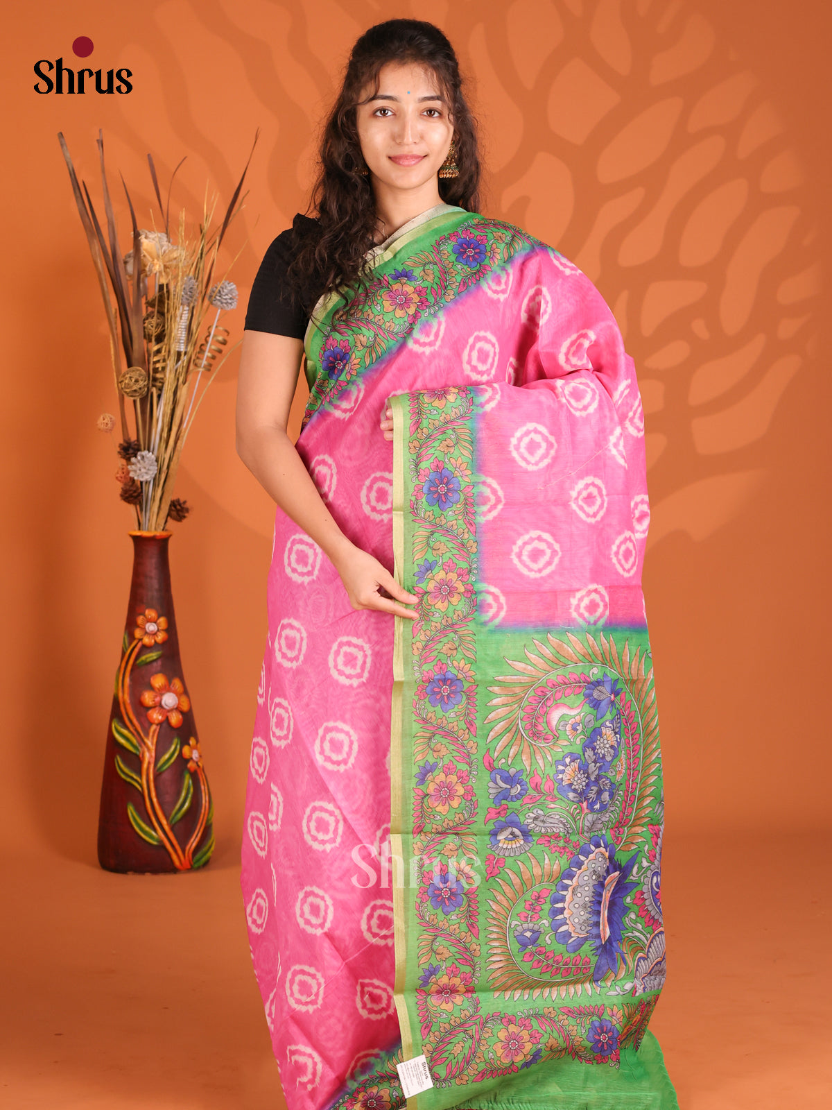 Pink & Green - Semi Maheshwari Print Saree