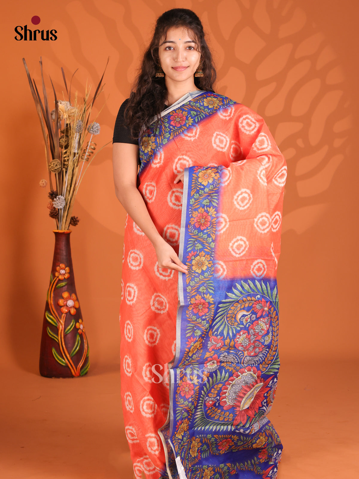 Orange & Blue - Semi Maheshwari Print Saree