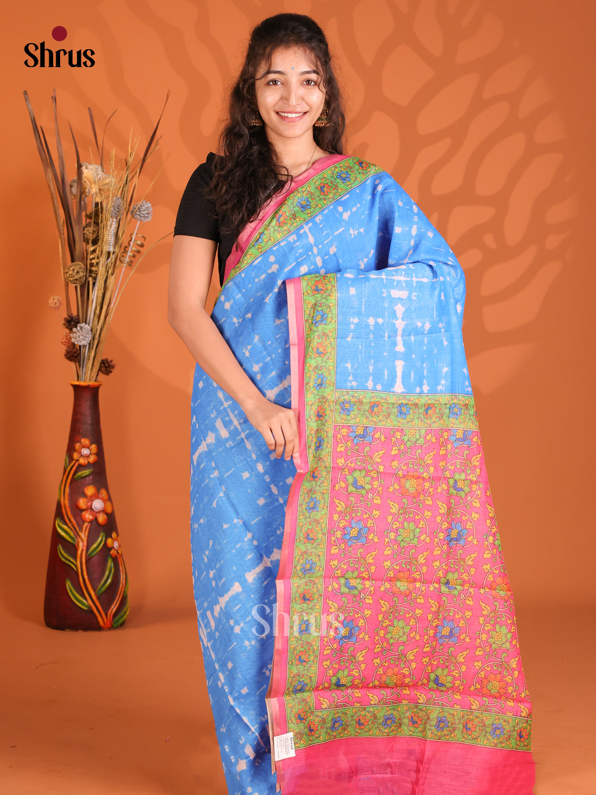 Blue & Pink- Semi Maheshwari Print Saree