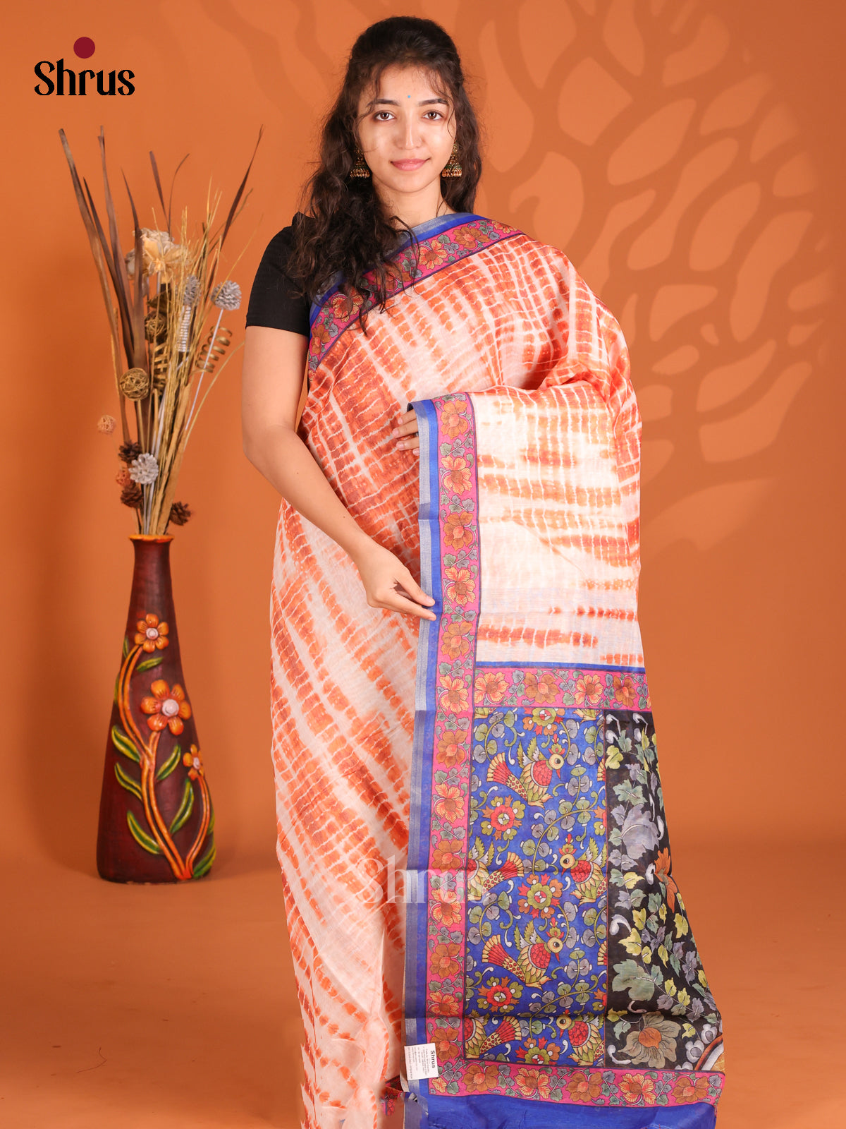 Brick & Blue- Semi Maheshwari Print Saree