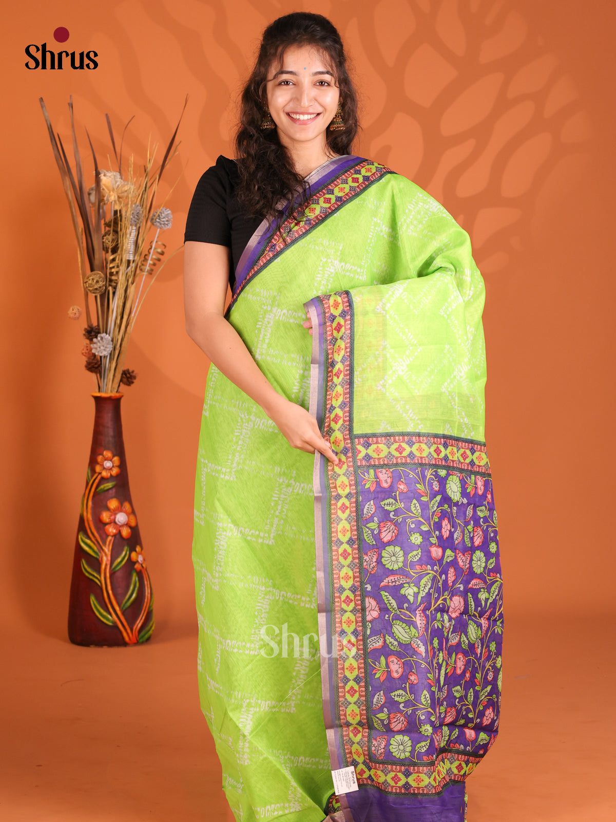 Light Green & Violet - Semi Maheshwari Print Saree