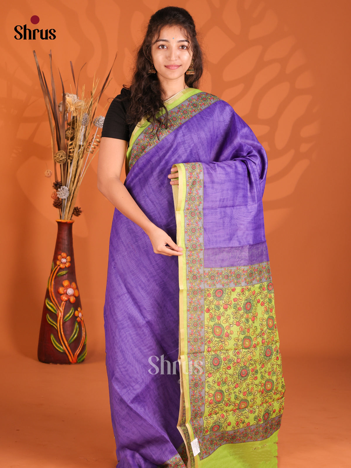 Purple & Green - Semi Maheshwari Print Saree